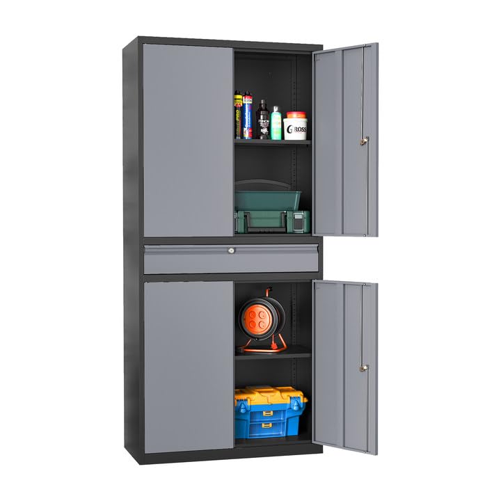 Heavy Duty Metal Storage Cabinet with Drawer - Locking Garage Cabinet with Adjustable Shelves for Home, Office & Warehouse Organization - Perfect for Tools, Supplies & Equipment Storage