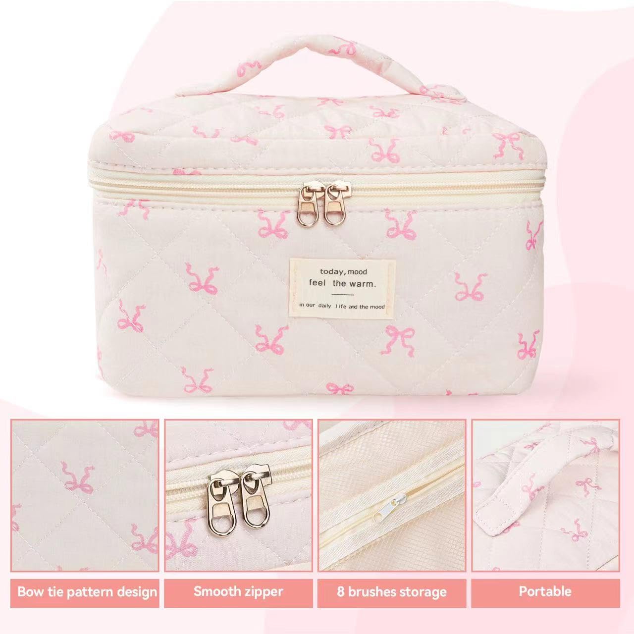 Large Travel Quilted Makeup Bag with Cute Bow - Cotton Cosmetic Organizer for Women & Girls | Floral Coquette Aesthetic Toiletry Pouch | Perfect for Travel, Gym, and Everyday Use