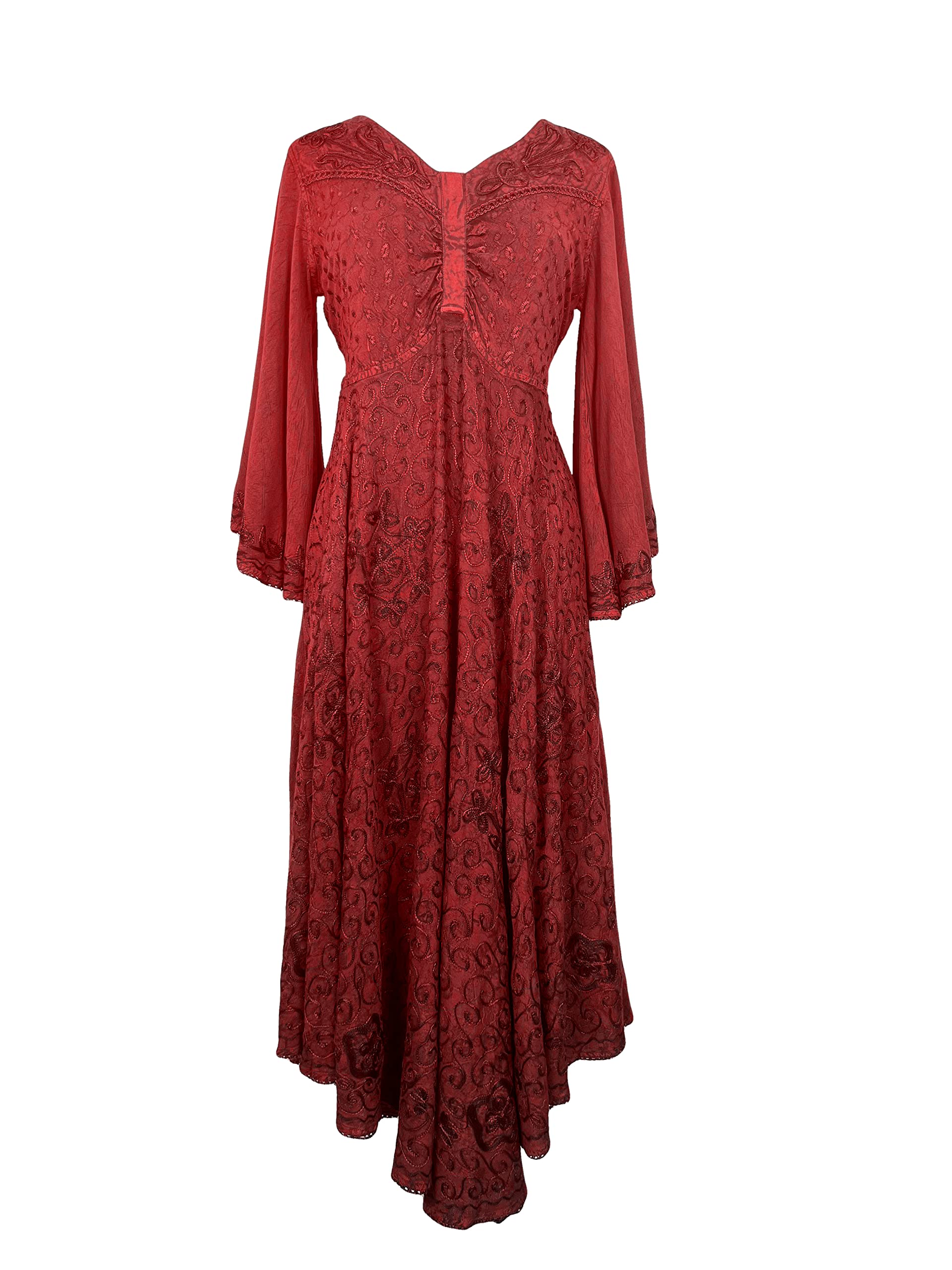 Agan Traders Women's 2025 Spring Bohemian Medieval Renaissance Embroidered Bell Sleeve Flared Calf Length Dress Gown - Perfect for Renaissance Fairs, Medieval Themed Weddings & Boho Festival Outfits