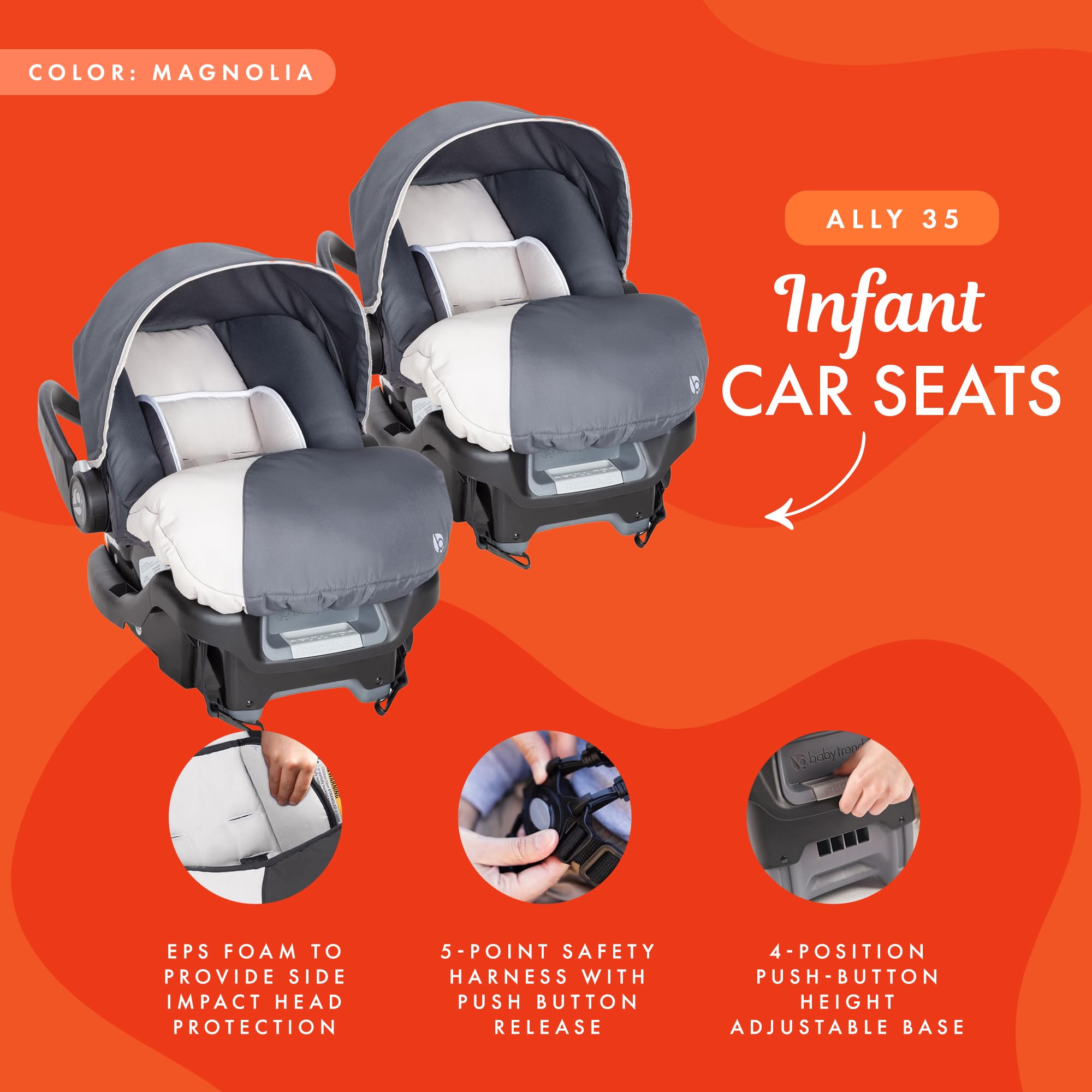 Baby Trend Ally Adjustable Comfortable Carry 35 Pound Infant Baby Car Seat and Base Set - Gray Magnolia (2 Pack) | Safe & Ergonomic Design for Newborns | Perfect for Travel, Shopping & Daily Use
