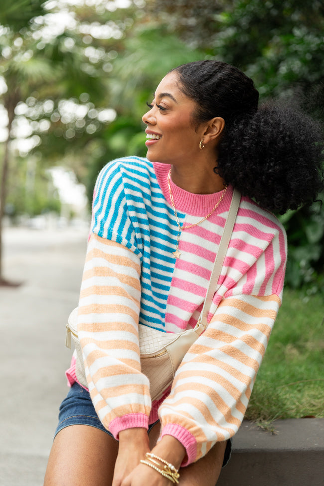Stylish Blue Pink Orange Multi-Color Block Striped Sweater for Women | Trendy Casual Knit Pullover | Perfect for Fall Winter Outfits & Cozy Layering