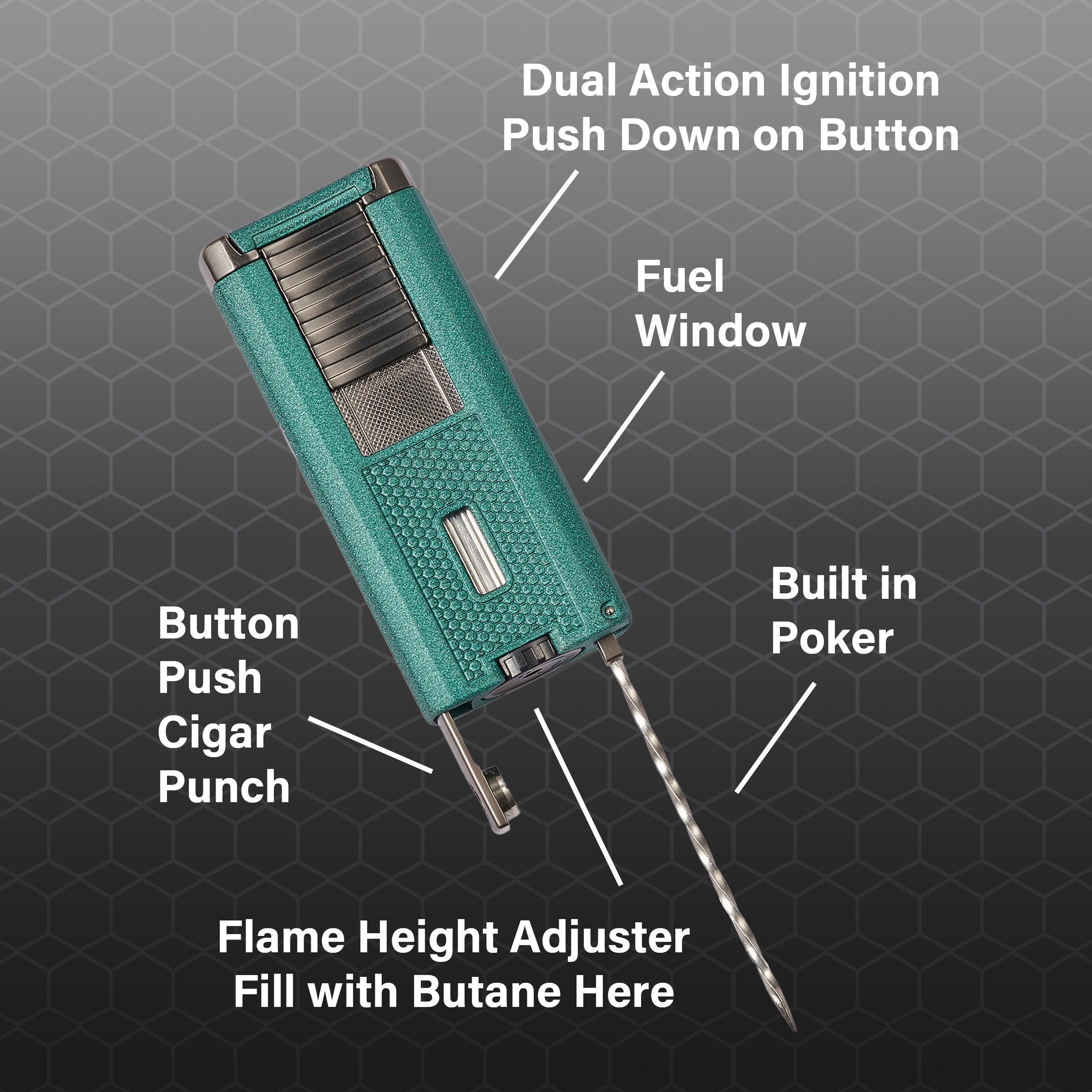 Visol Striker Triple Torch Flame Lighter with Cigar Poker - Windproof Refillable Butane Lighter for Cigars, Cigarettes & Outdoor Use (Green) - Perfect for Camping, BBQ & Survival Gear