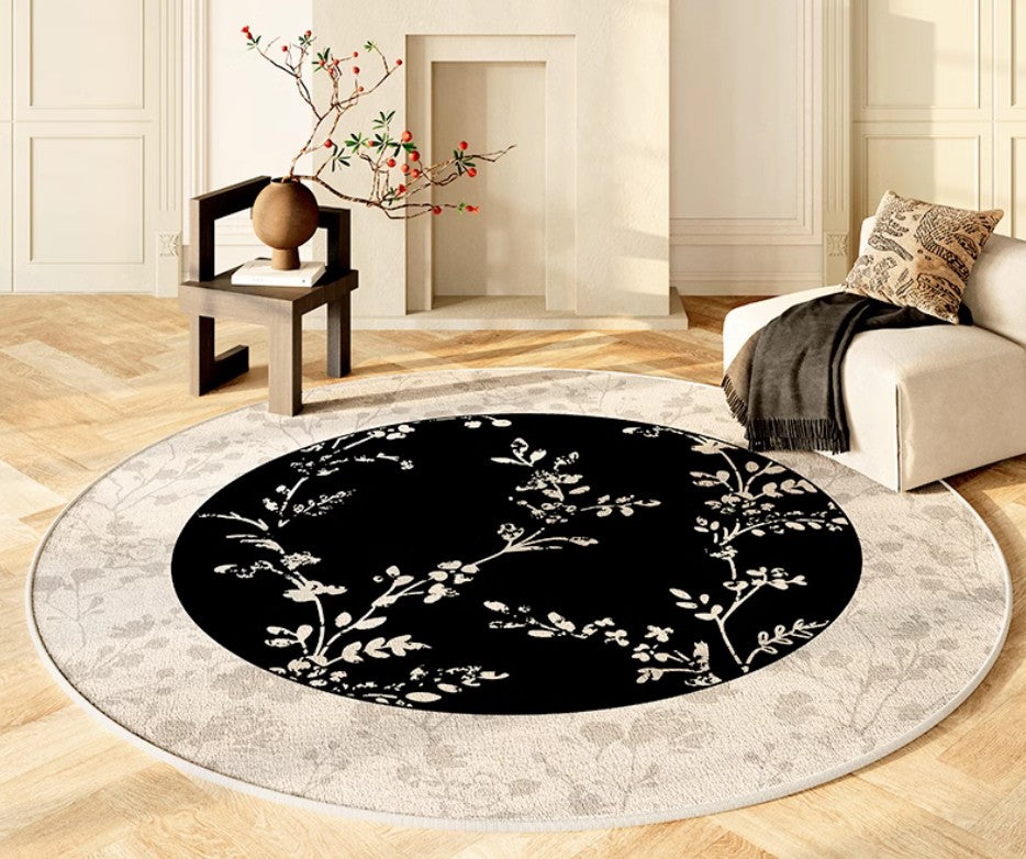 Modern Round Area Rugs - Floral Pattern Circular Carpet for Dining Room, Living Room & Bedroom | Non-Slip Floor Mat Under Coffee Table | Boho Home Decor for Apartment & Office Spaces