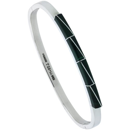 Sterling Silver Bangle Bracelet with Striped Malachite Stones - 3/16 Inch Wide Adjustable Women's Jewelry for Everyday Wear, Gift Giving & Special Occasions