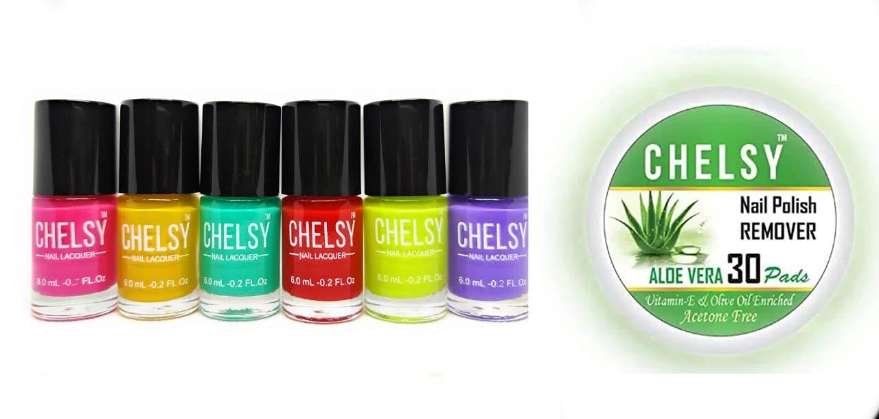 Chelsy Glossy Nail Polish Set - Neon Collection (6 Colors, 6ml Each) with Aloe Vera Nail Remover Wipes (30 Pads) | Long-Lasting, Vibrant Colors for Manicures, Pedicures & Nail Art | Perfect for Parties, Salons & DIY Nail Care