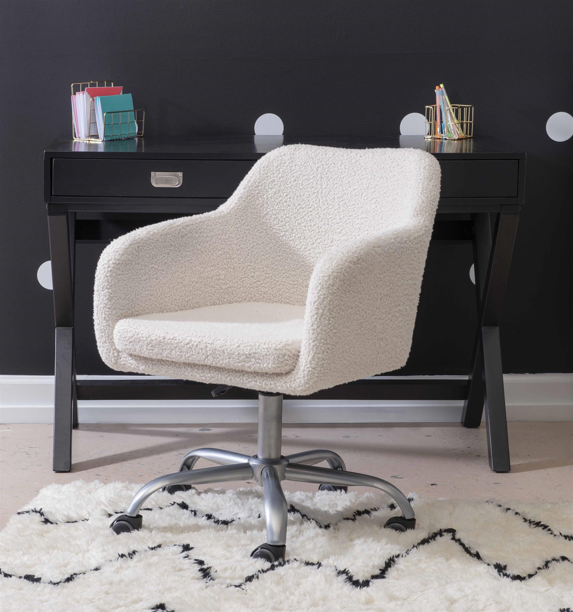 Linon Colton Adjustable Upholstered Office Chair with Wheels - Ergonomic Desk Chair with Lumbar Support, Swivel & Tilt Function - Natural Sherpa Fabric for Home Office, Gaming & Workspace Comfort