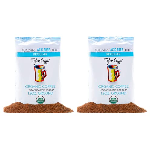 Tyler's No Acid Organic Ground Coffee - 100% Arabica Full Flavor - Low Acid Coffee for Sensitive Stomach - Neutral pH Gentle on Digestion - Reduce Acid Reflux & Protect Teeth - 12oz (Pack of 2) - Perfect for Morning Brew, Office Use & Acid-Free Diets