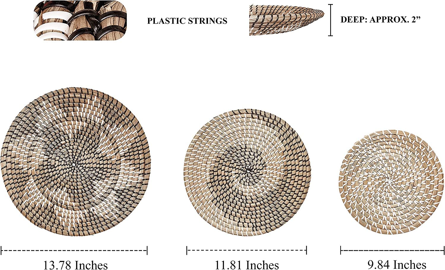 Boho Wicker Baskets Set of 3 - Natural Seagrass Wall Décor for Kitchen, Bedroom & Living Room