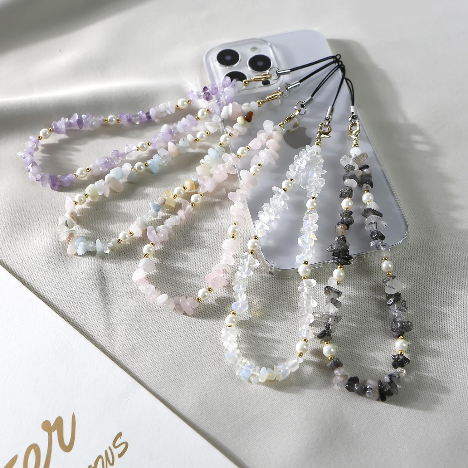 Natural Gemstone Beaded Phone Wrist Strap & Lanyard - Elegant Cell Phone Charm for Women & Girls (Black) | Perfect for Phone Security & Fashion Accessory at Work, Travel or Daily Use