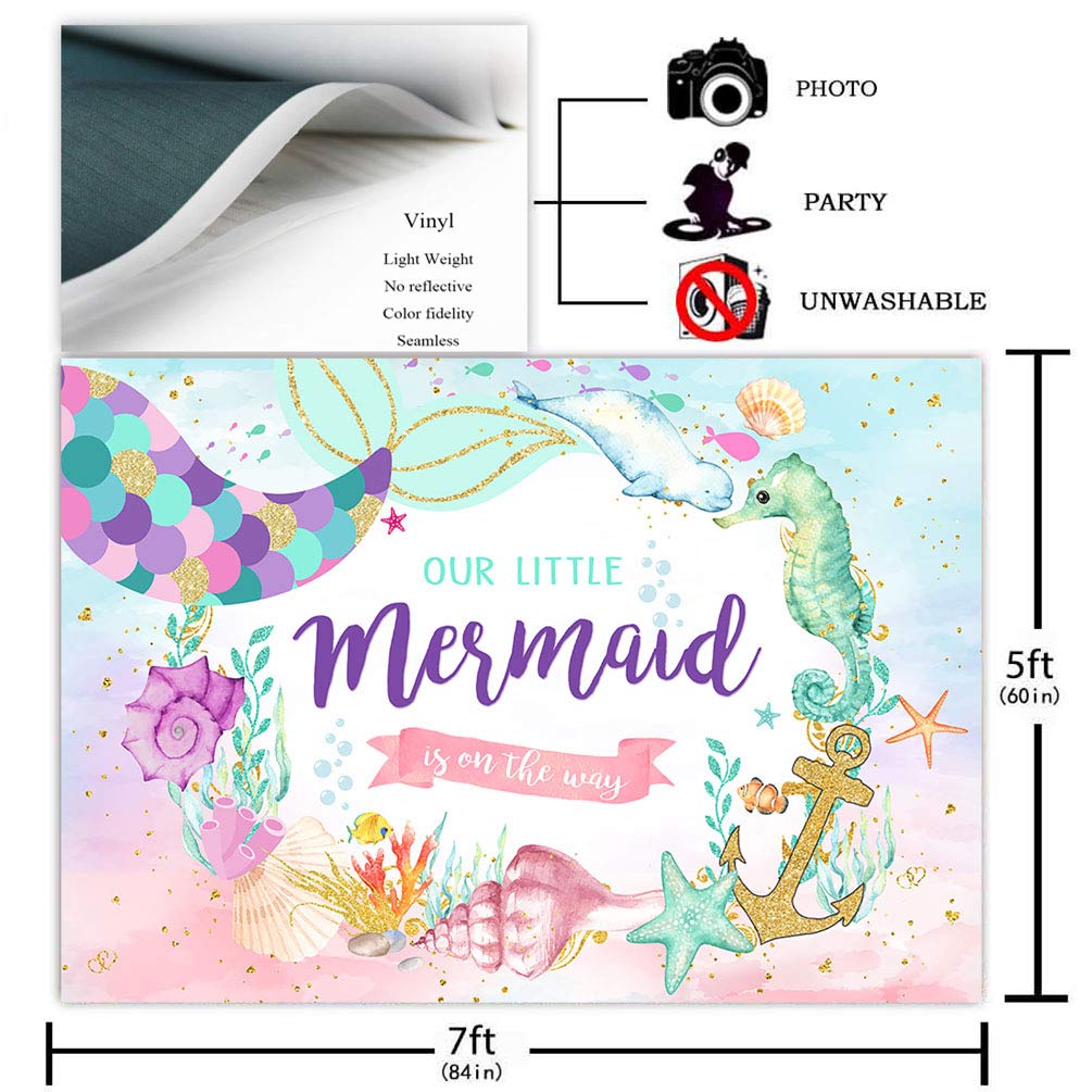 7x5ft Mermaid Baby Shower Backdrop - Underwater Sea Theme Photography Background with Mermaid Tail Design for Girl's Birthday Party Decor, Cake Table Banner - Perfect for Baby Showers, Gender Reveals & Themed Celebrations