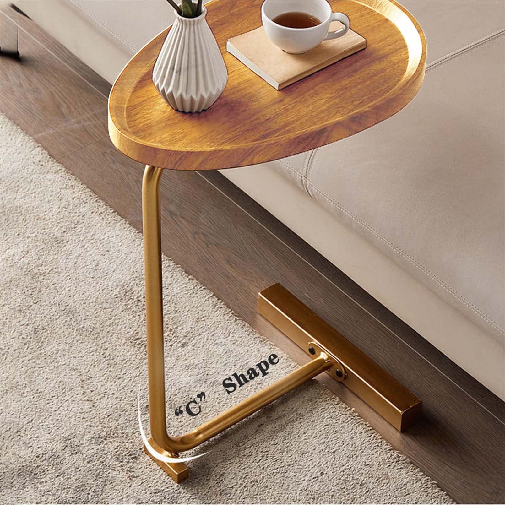 Modern Narrow Round Side End Table - 24 Inch Rustic Gold C Table for Living Room, Bedroom & Office | Slim Metal & Wood Coffee Table, Snack Tray, TV Stand | Perfect for Small Spaces, Sofa Couch & Dining Areas