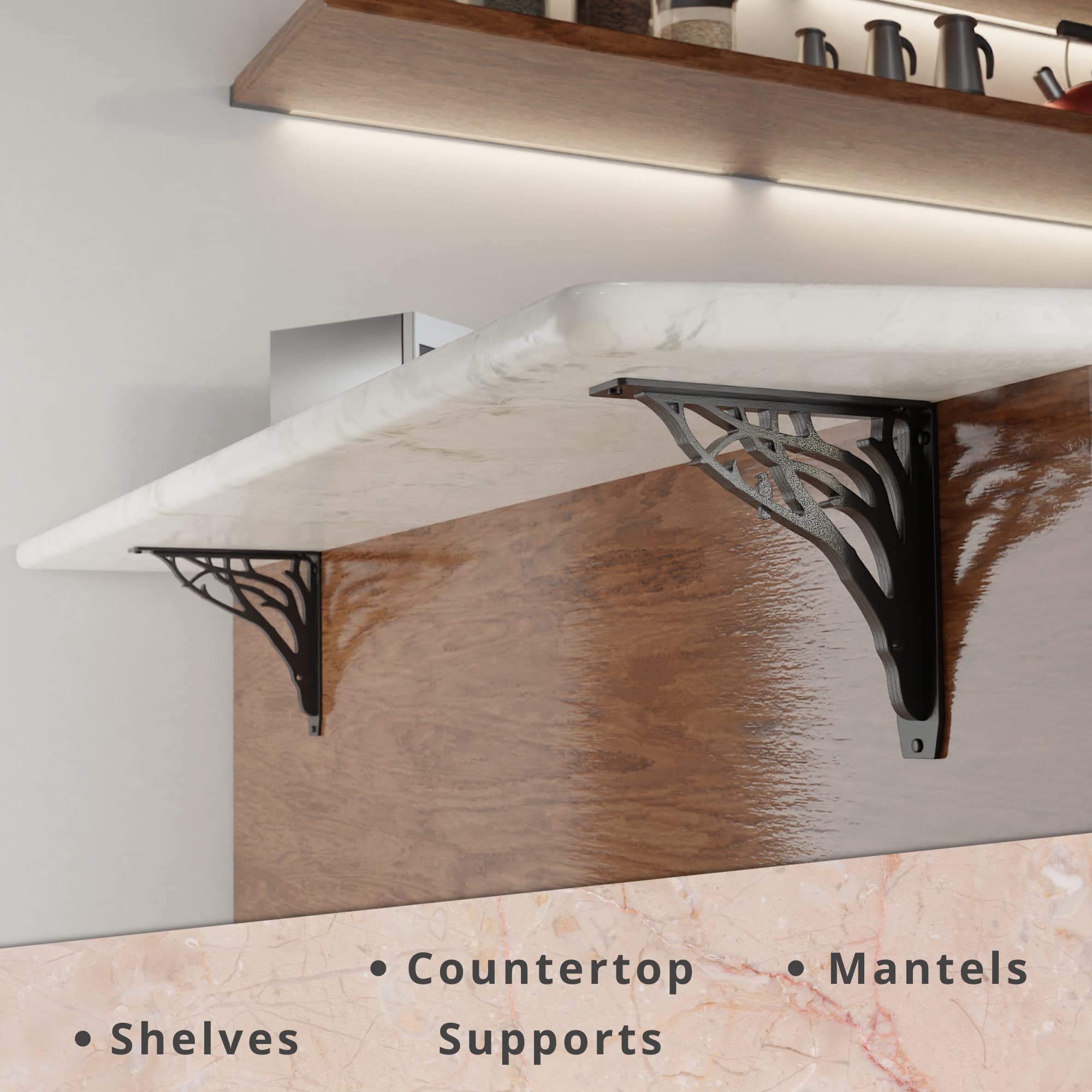 Starby Angel Oak Heavy Duty Shelf Bracket Kit - 10x10 Inch Metal Shelving Brackets (Set of 2) - Decorative Countertop Corbel & Mantel Support with Cast Iron Finish - Perfect for Kitchen Shelves, Bookshelves & Wall Mounting