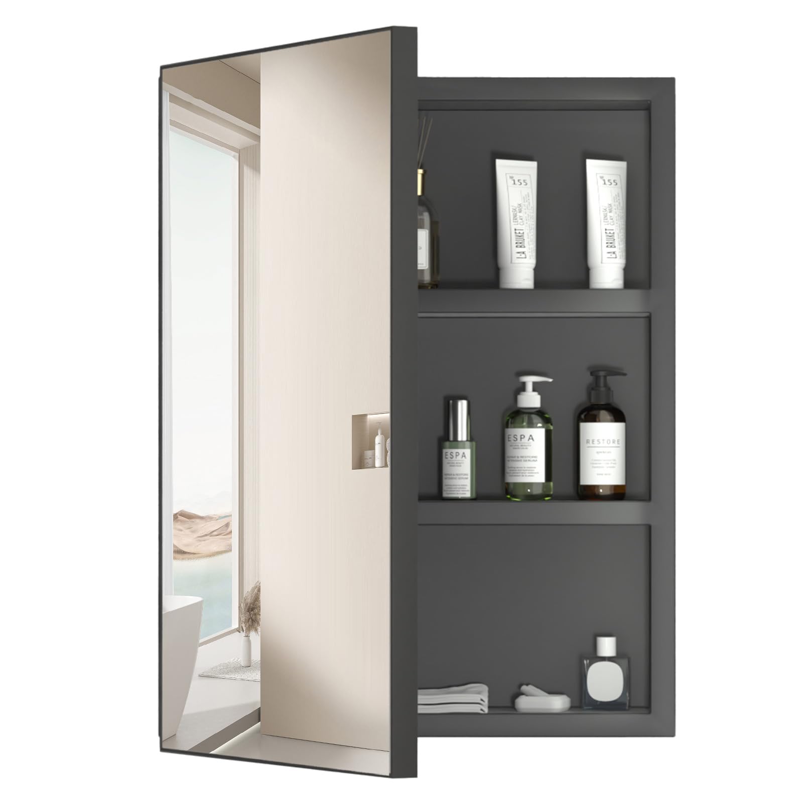 16x22 Inch Farmhouse Black Bathroom Medicine Cabinet with Mirror - Pre-Assembled Single Door Recessed/Surface Mount Aluminum Bathroom Storage - Modern Vanity Mirror for Bathroom, Powder Room & Bedroom Organization
