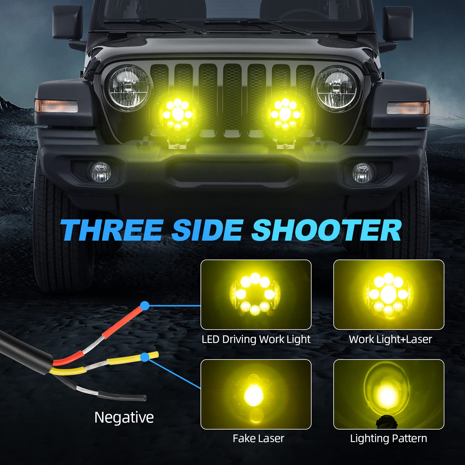 SUPAREE 7 Inch 16,000 Lumen Amber LED Off Road Lights for Jeep Wrangler Trucks & SUVs - 3300K Cool White & Amber Spot Side Shooter Fog Lights (Pack of 2) - Perfect for Night Driving, Off-Roading & Adventure Camping