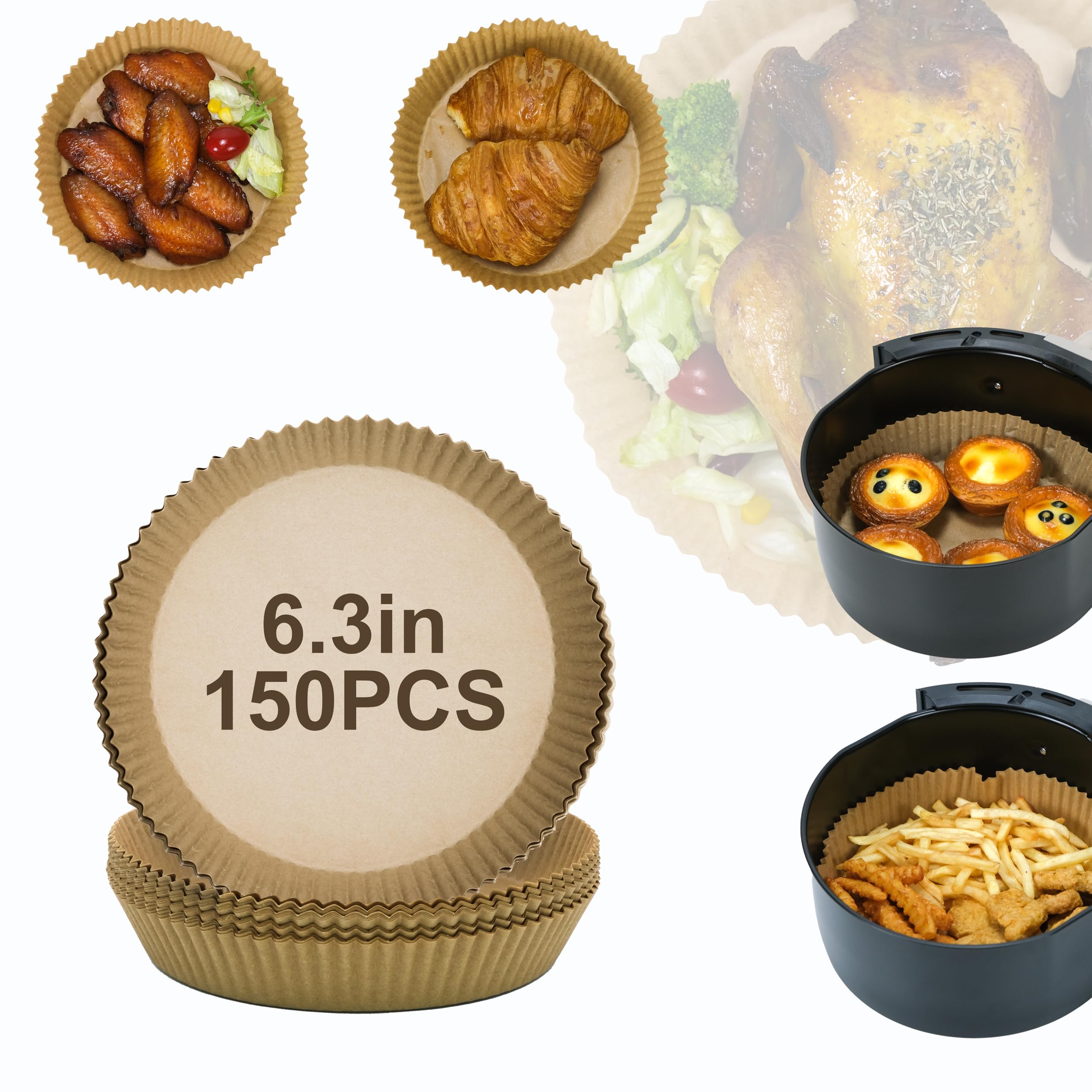 150pcs 6.3 Inch Round Air Fryer Disposable Paper Liners - Non-Stick Parchment Baking Sheets for 2-5 QT Air Fryers - Perfect for Baking, Roasting & Cooking Healthy Meals