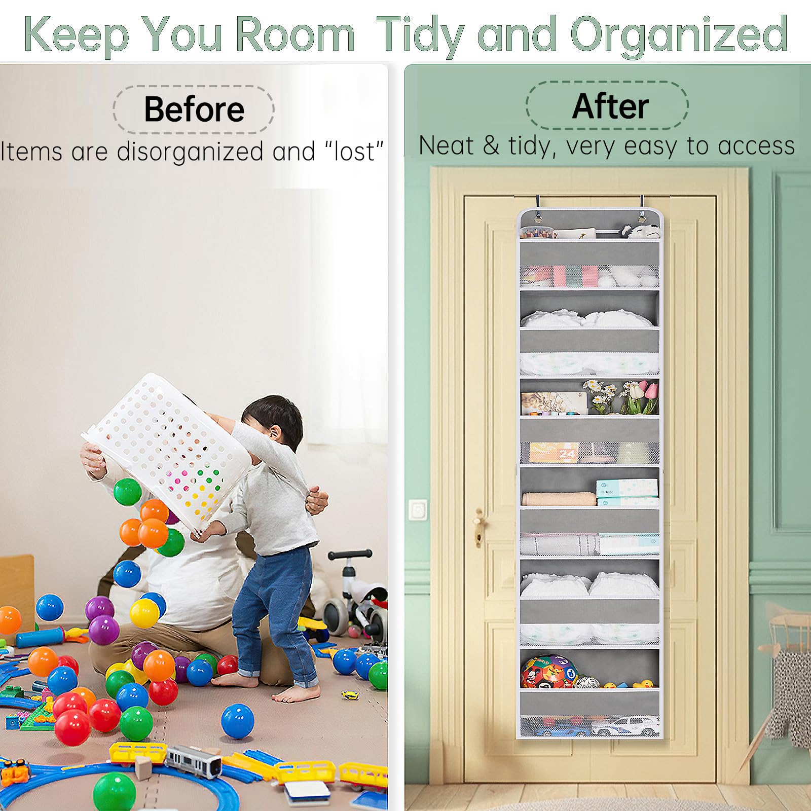 WishJazz 6-Tier Over The Door Organizer - Heavy Duty 50 lbs Capacity, Anti-Tilt Hanging Storage for Closet, Nursery, Bedroom & Bathroom | Perfect for Baby Essentials, Diapers, Towels & Toiletries Organization