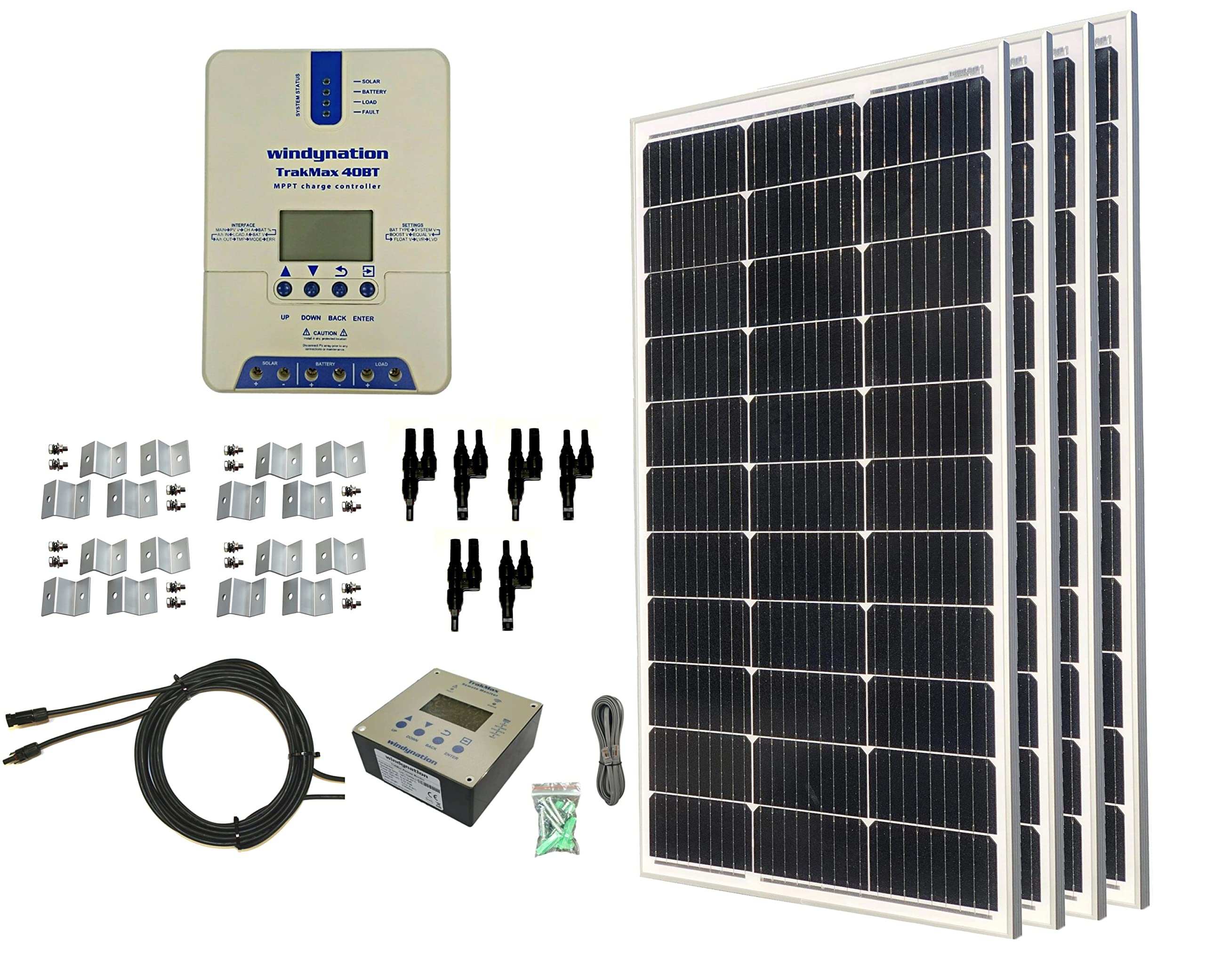 WindyNation 400W Monocrystalline Solar Panel Kit with TrakMax MPPT 40A Charge Controller & Remote Meter | Off-Grid Power for RV, Boat, Cabin & Emergency Backup