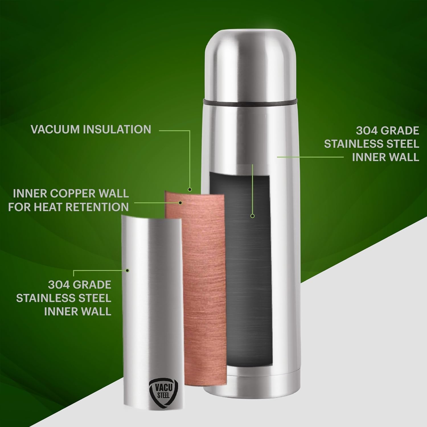 ATIPRIYA 1000ml Stainless Steel Insulated Water Bottle with Flip Lid - 12 Hours Hot & Cold Retention - Leakproof Travel Thermos for Gym, Hiking, Office (Silver, Pack of 1)