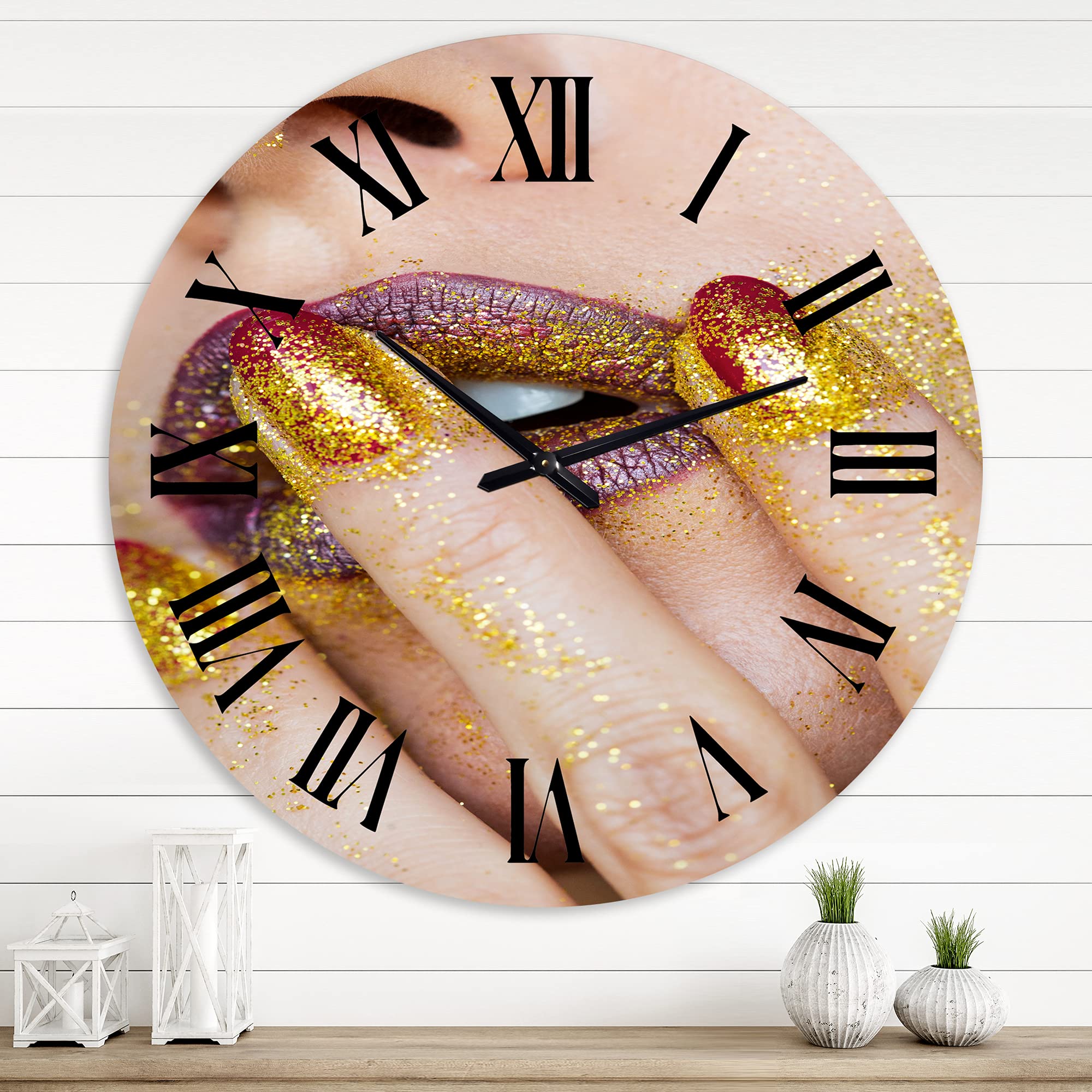 DesignQ Modern Large Wall Clock - Golden Glitter Lipstick Close-Up Art for Office & Home Decor | Perfect for Living Room, Bedroom, or Workspace