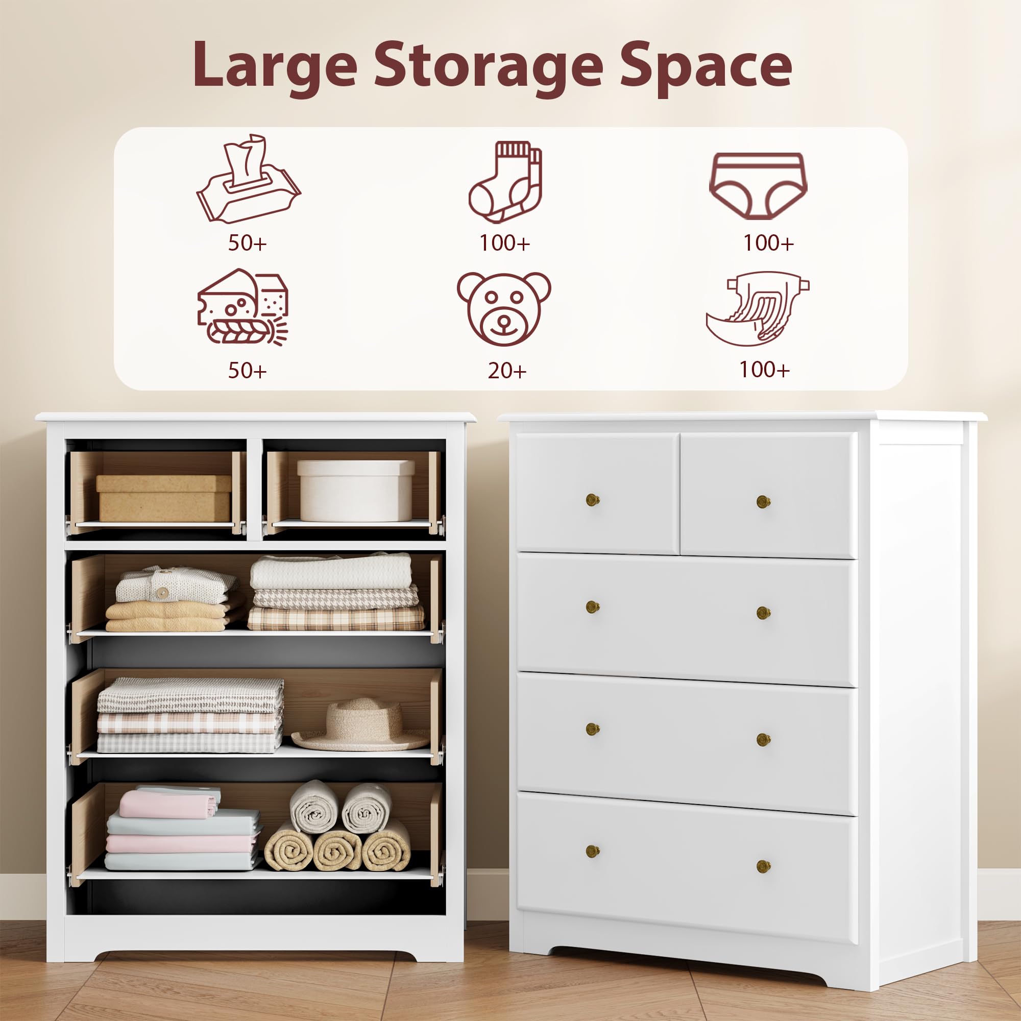 HOUSUIT 5-Drawer Tall Dresser - White Wood Storage Cabinet with Deep Space for Bedroom, Living Room, Hallway, Entryway & Office | Perfect for Clothes, Linens & Home Organization