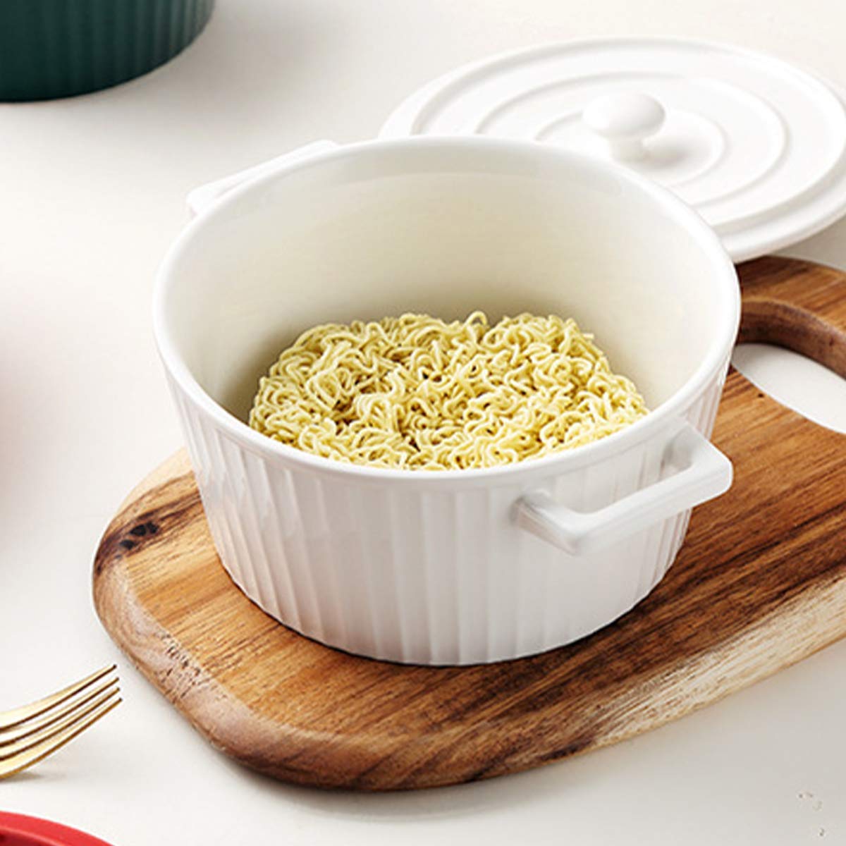 Ceramic Salad Bowl with Lid - White Rice Bowl, Fruit Bowl, Instant Noodle & Dessert Bowl for Kitchen, Dining, Meal Prep & Party Serving