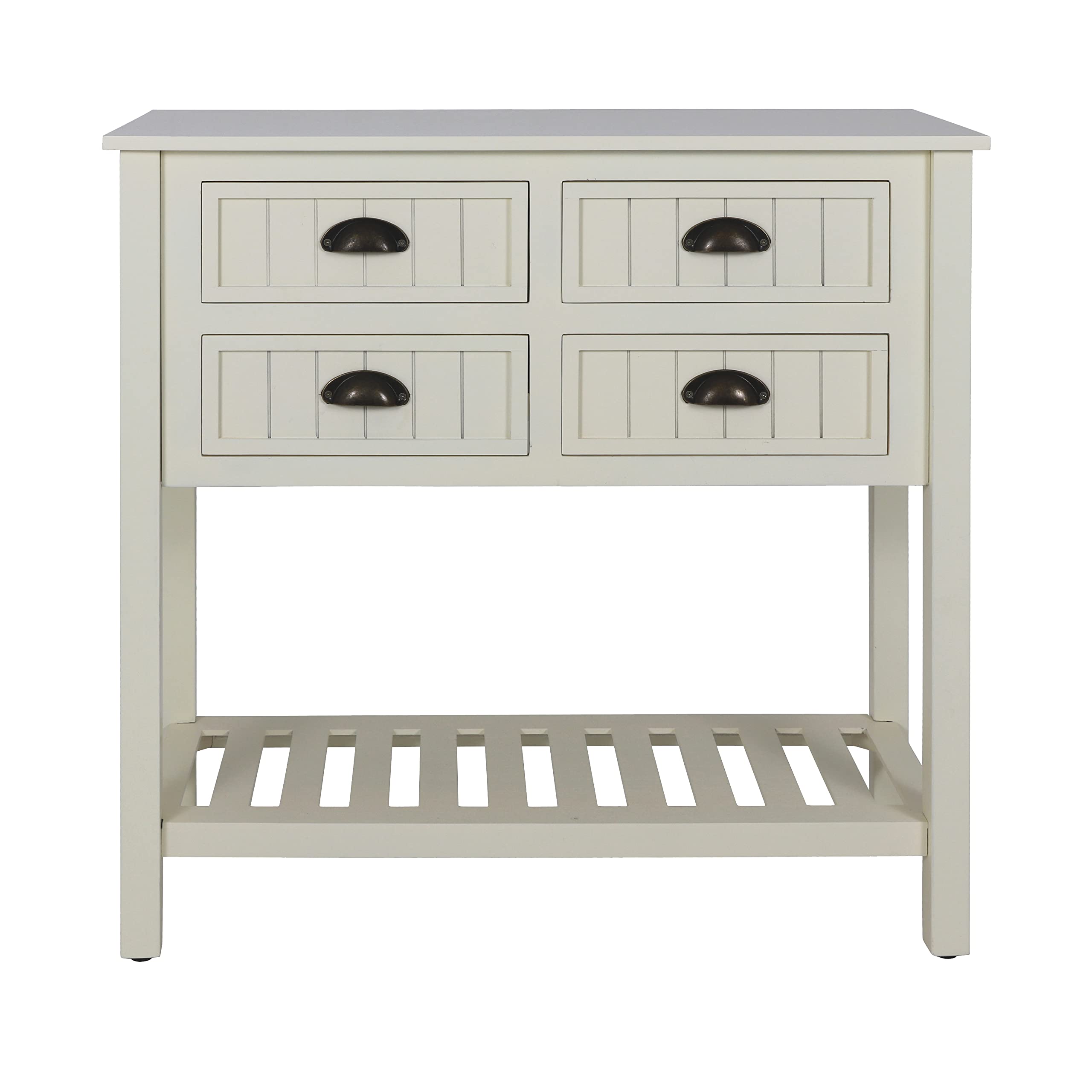 Decor Therapy Bailey Bead Board 4-Drawer Console Table - 14x32x32 Inches, Antique White Finish - Perfect for Entryway, Living Room & Hallway Decor