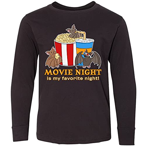 Movie Night is My Favorite Night Bats Youth Long Sleeve T-Shirt - Soft & Comfortable Cotton Tee for Casual Wear, Sleepwear & Family Movie Nights