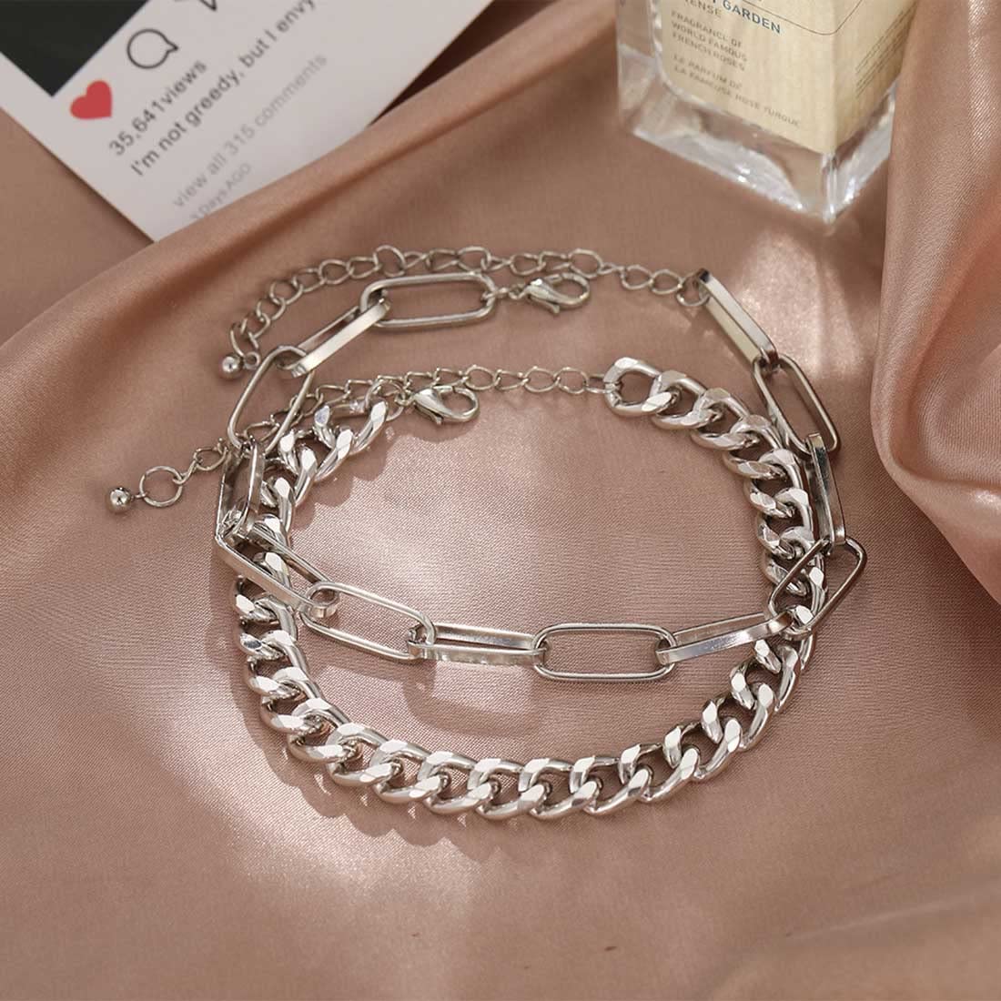 Bramian Thick Chain Anklet - Adjustable Silver Beach Foot Jewelry for Women & Girls (2-Piece Set) | Perfect for Summer Vacation, Boho Outfits & Beach Weddings