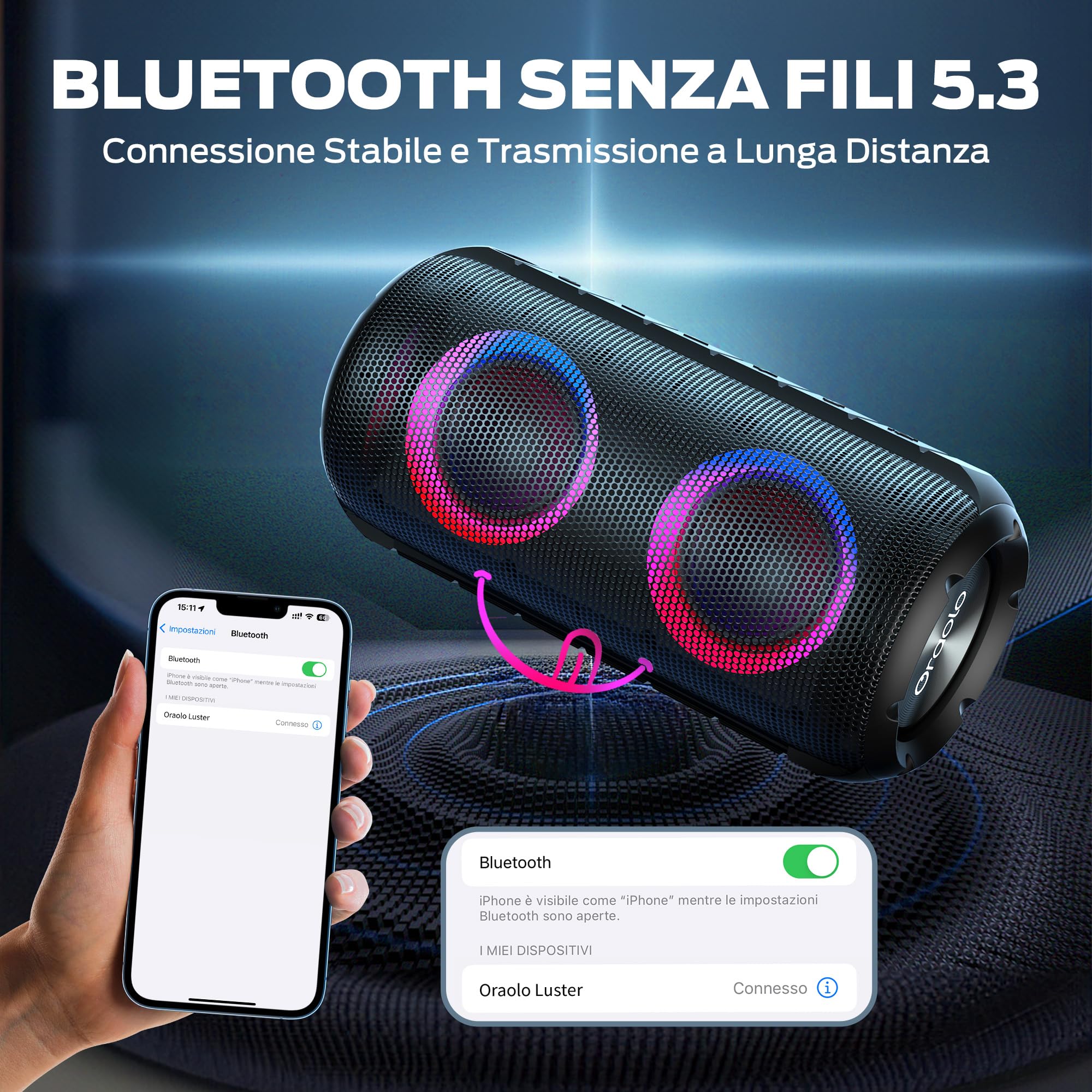 Oraolo 24W Bluetooth Speaker with RGB Lights, 24H Playtime, Bluetooth 5.3, IPX6 Waterproof - Portable Wireless Speaker with Loud Stereo Sound & AUX-in for Outdoor, Beach, Camping, Party, and Home Use