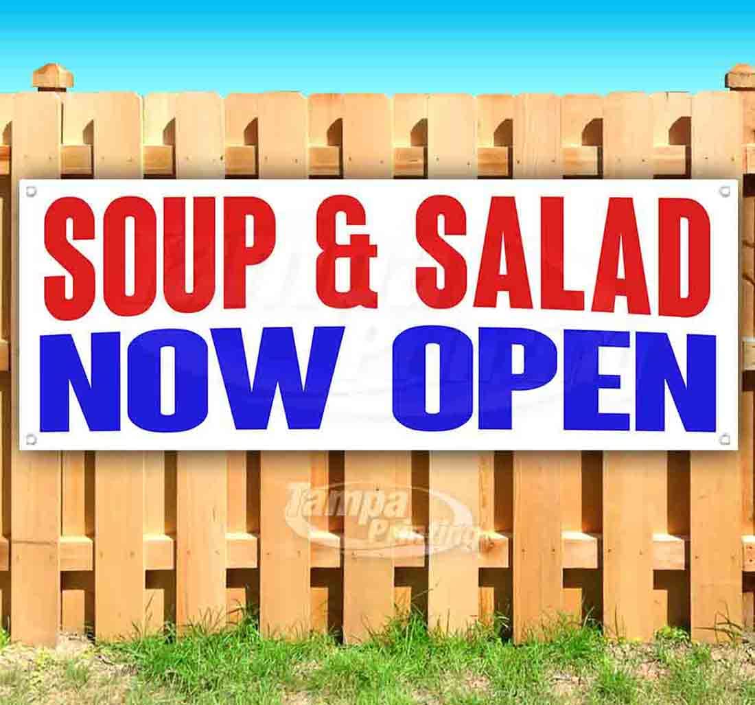 13 oz Heavy-Duty Vinyl Soup & Salad Now Open Banner - Single-Sided with Metal Grommets | Durable Restaurant Sign for Windows, Doors & Outdoor Use
