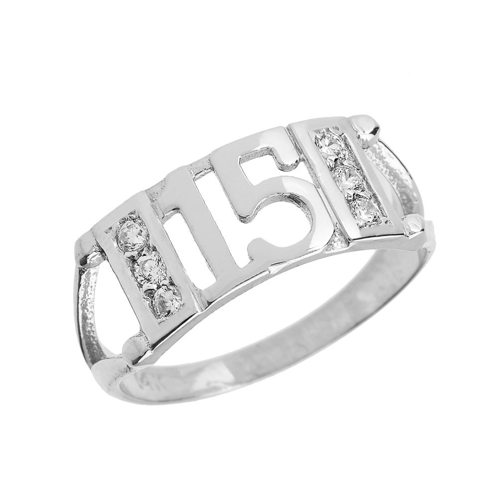 14K White Gold Sweet 15 Quinceañera Ring with 0.10ct CZ Stones - Size 6.25 - Elegant Birthday Gift for Teen Girls & Special Occasions