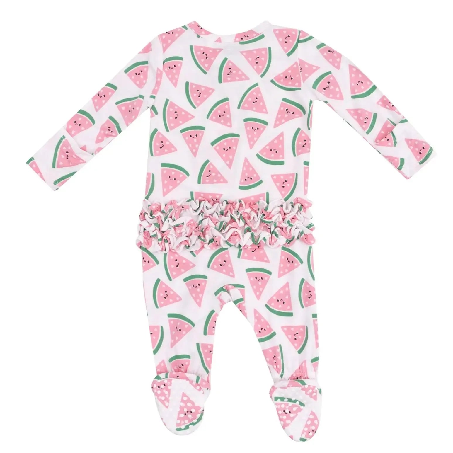 Angel Dear Two-Way Zipper Ruffle Back Footie - Cute Watermelon Hearts Print Baby Romper for Newborns & Infants - Perfect for Playtime, Photo Shoots & Gifts
