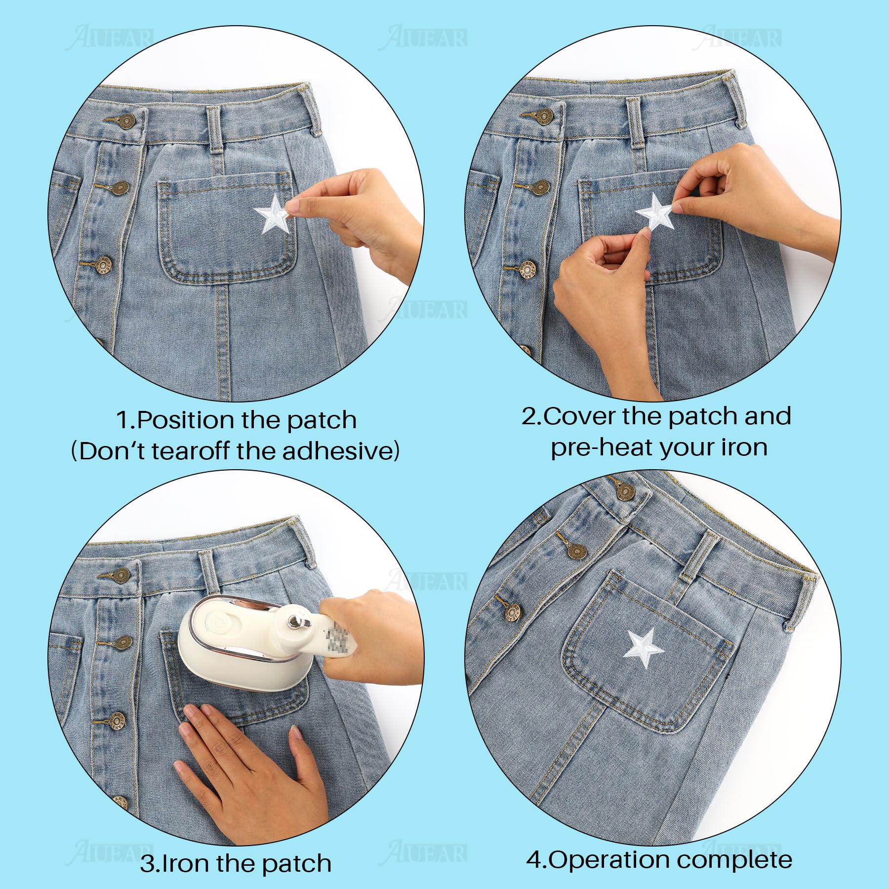 AUEAR 24 Pack White Star Iron On Patches - Embroidered Mini Sew On Appliques for Clothes, Jackets, Shoes | DIY Craft, Costume Design, Denim Repair
