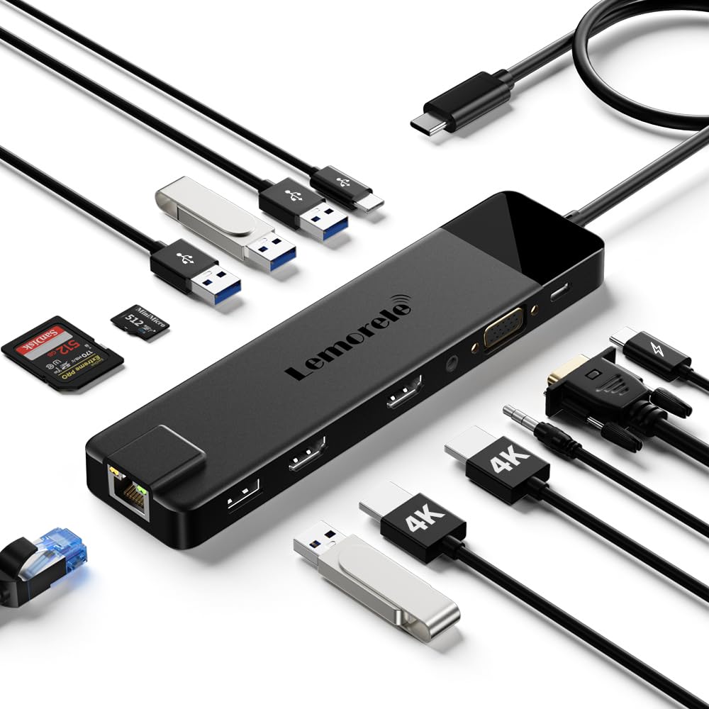 Lemorele 13-in-1 USB C Docking Station with Triple Display Support - Dual HDMI, VGA, Gigabit Ethernet, 2 USB 3.0 & 2.0 Ports, 100W PD Charging, USB-C Data, SD/TF Card Readers, 3.5mm AUX for MacBook Pro/Air, HP, Dell, Lenovo Laptops - Perfect for Home Office, Gaming & Multi-Tasking Workspaces