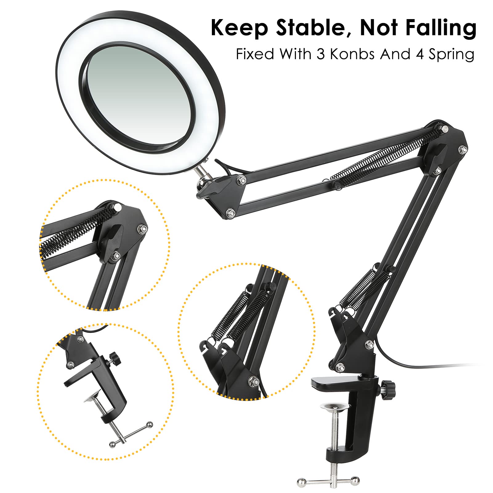 Flexible Clamp-on LED Desk Lamp with 8X Magnifier - Dimmable Swing Arm Light with 3 Color Modes & 10 Brightness Levels - Perfect for Reading, Working, Studying, and Crafting