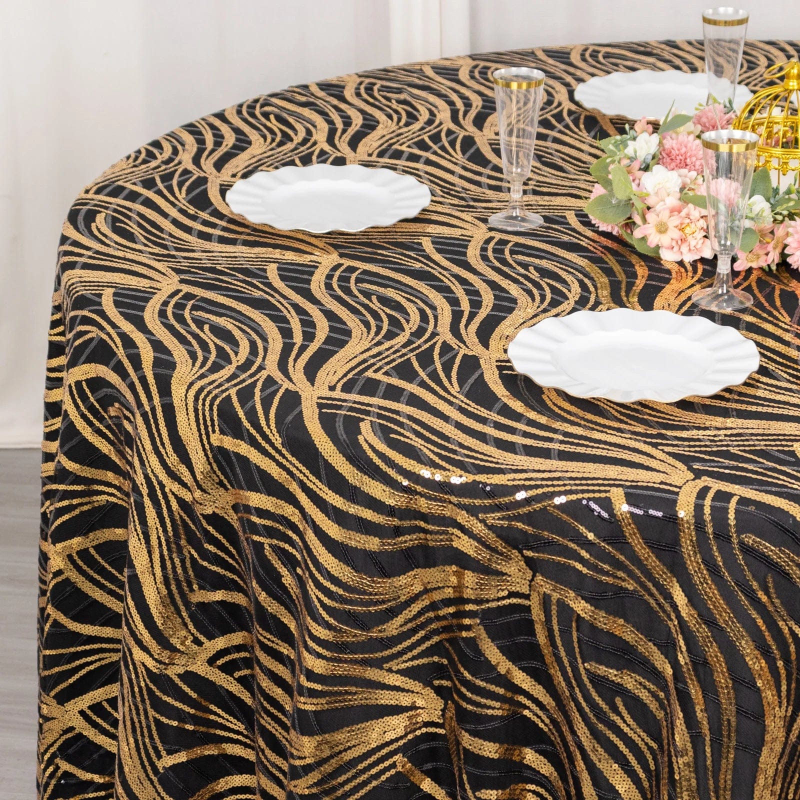 120 Mesh Round Tablecloth with Wavy Embroidered Sequins - Elegant Party Decor for Weddings, Banquets & Special Events