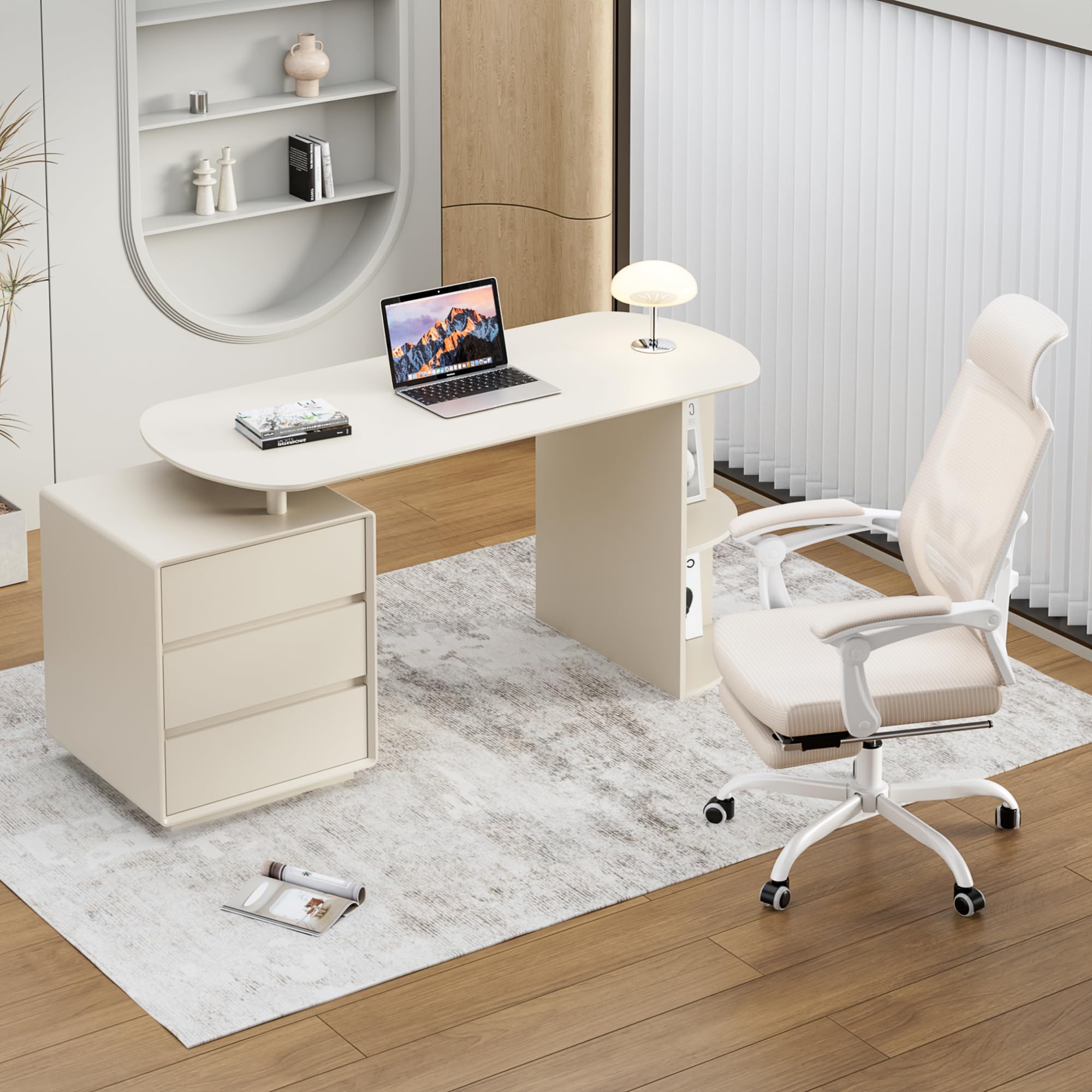 Qulomvs Home Office Desk and Chair Set - Ergonomic Computer Desk with Drawers & Shelves, Adjustable Mesh Office Chair with Footrest - Perfect for Small Spaces & Remote Work