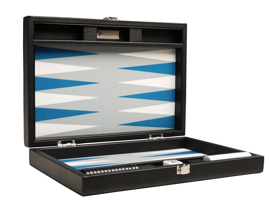 Premium 13-inch Travel Backgammon Set with Black Board & White/Astral Blue Points - Portable Game for Camping, Beach & Family Game Nights