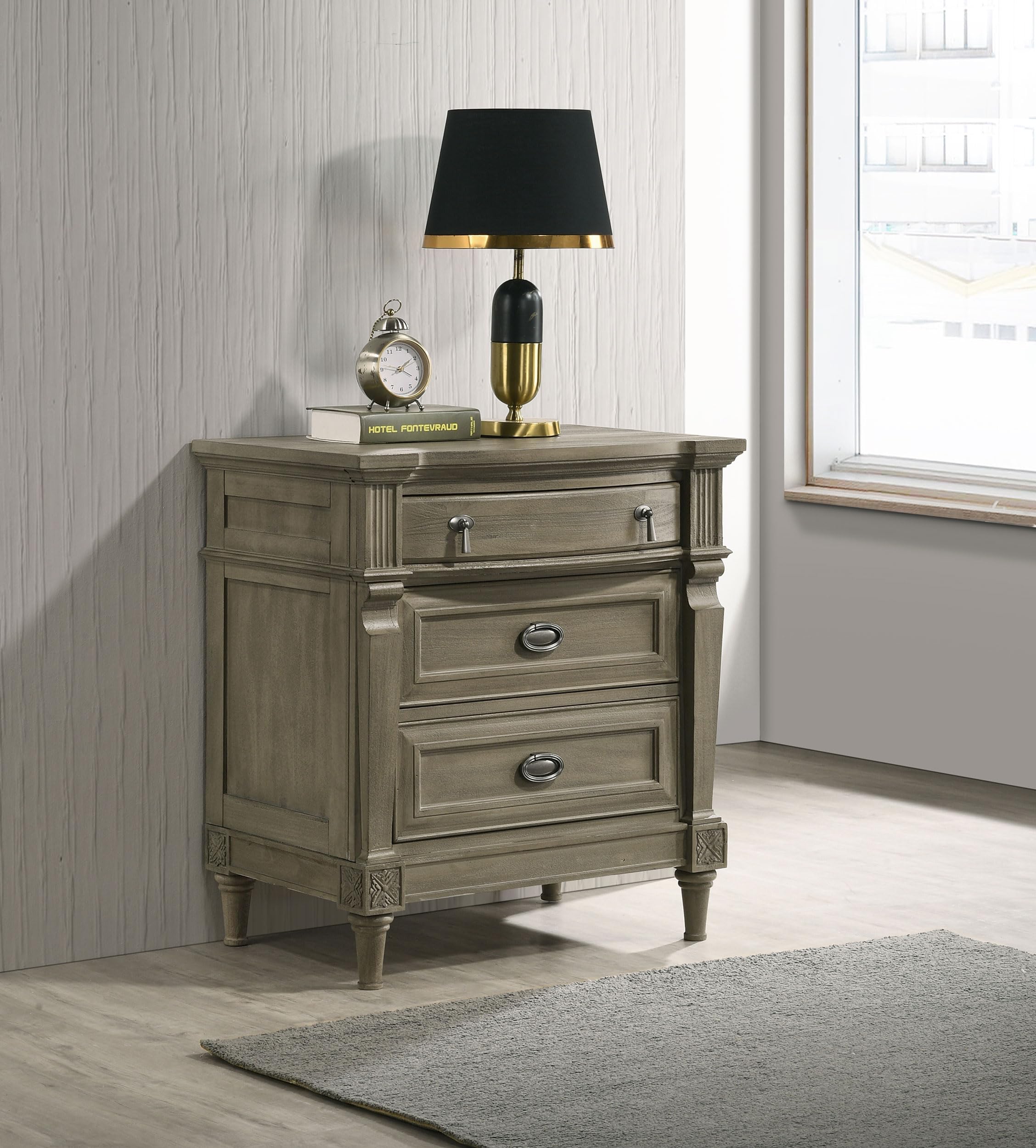 Pemberly Row 3-Drawer Traditional Wood Nightstand in French Gray - Classic Bedside Table for Bedroom, Living Room & Guest Room Storage
