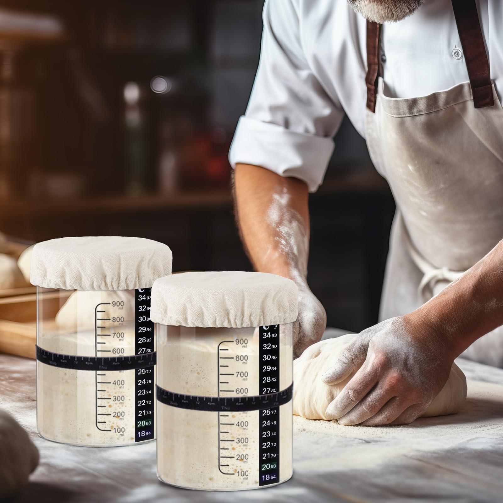 2-Pack 34 oz Sourdough Starter Kit with Thermometer, Scraper, Cloth Cover & Bamboo Lid - Wide Mouth Glass Jar for Homemade Bread Baking - Perfect for Artisan Sourdough, Pizza Dough & Fermented Foods