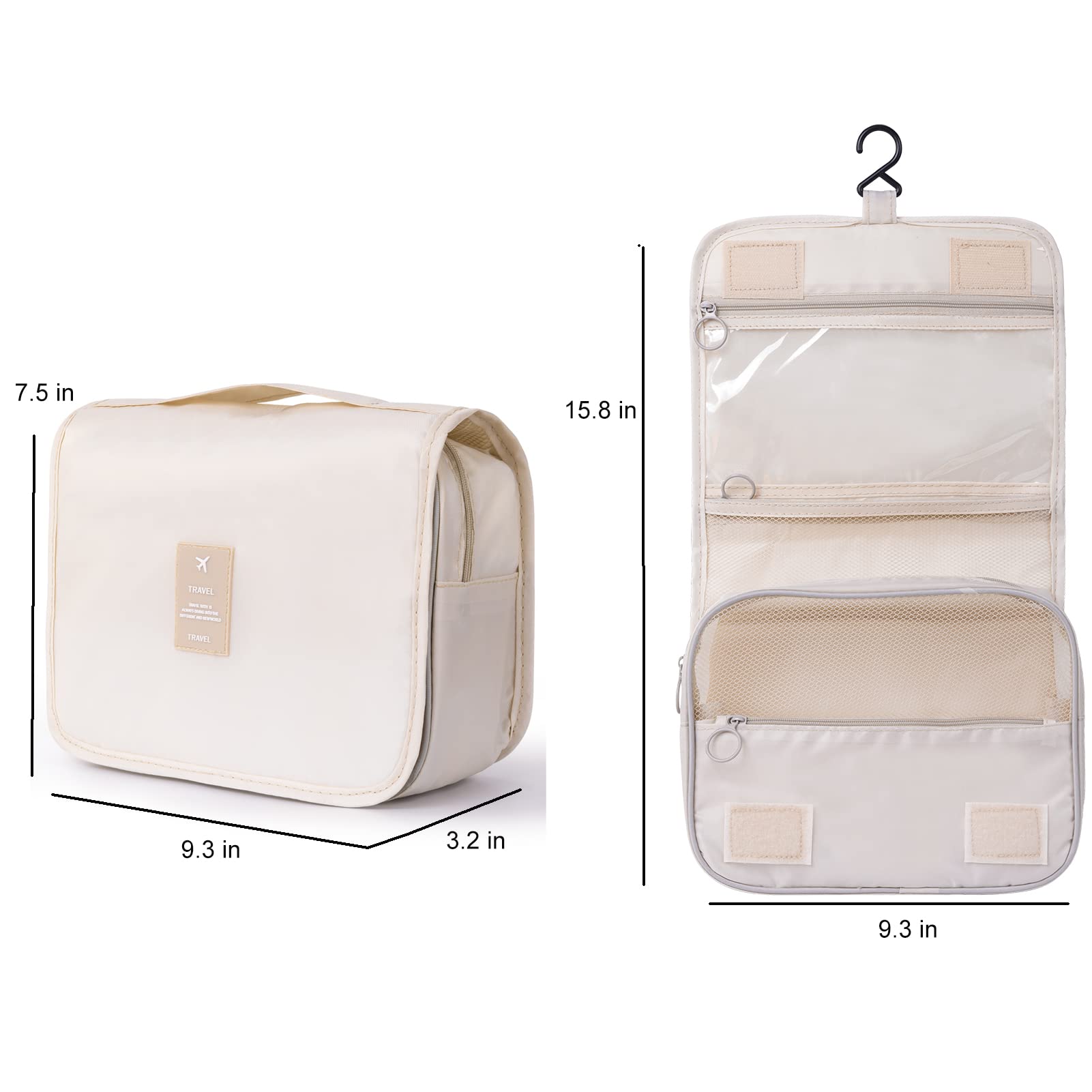 Hanging Toiletry Bag for Women - Travel Size Cosmetic Organizer with Hook - Waterproof Makeup Bag for Bathroom Storage & Travel Accessories - Perfect for Camping, Gym, and Vacation Trips (Beige)