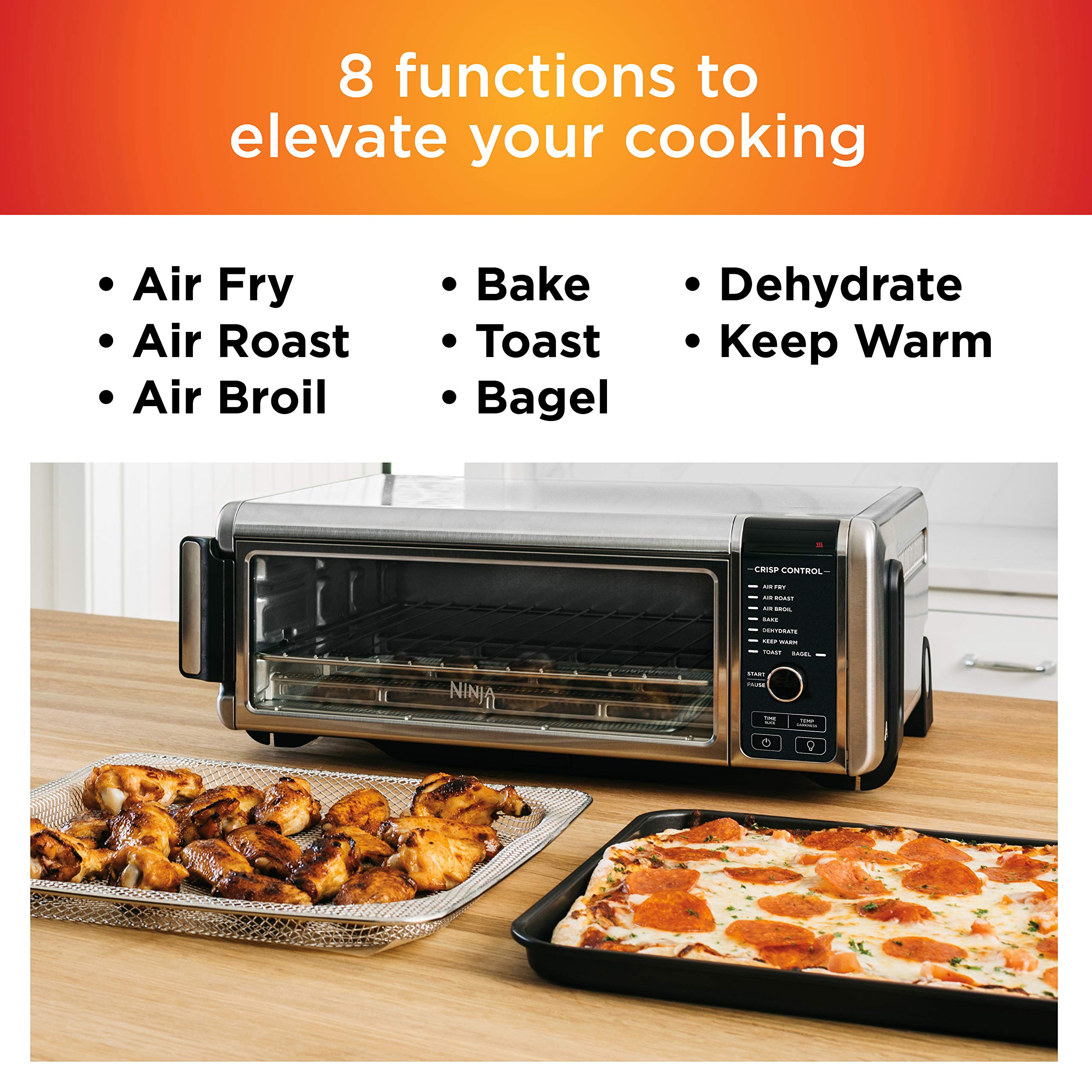 Ninja SP101 Digital Air Fryer Toaster Oven - 8-in-1 Countertop Convection Oven with Flip-Up Design for Space Saving, Includes Air Fry Basket, Wire Rack & Crumb Tray - Perfect for Baking, Roasting & Air Frying (Silver)