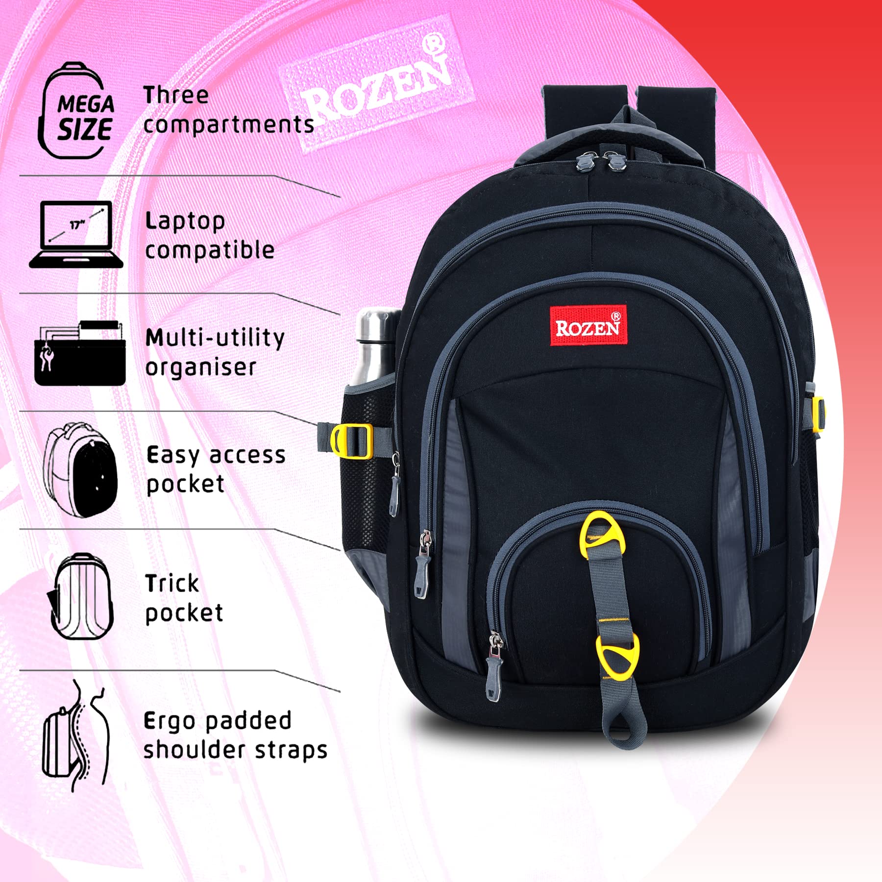 ROZEN 50L Large School Backpack & Lunch Bag Combo for Students Grade 5-12 - Water Resistant Unisex Multipurpose Backpack - Durable Stylish Design for School, College, Travel & Outdoor Activities