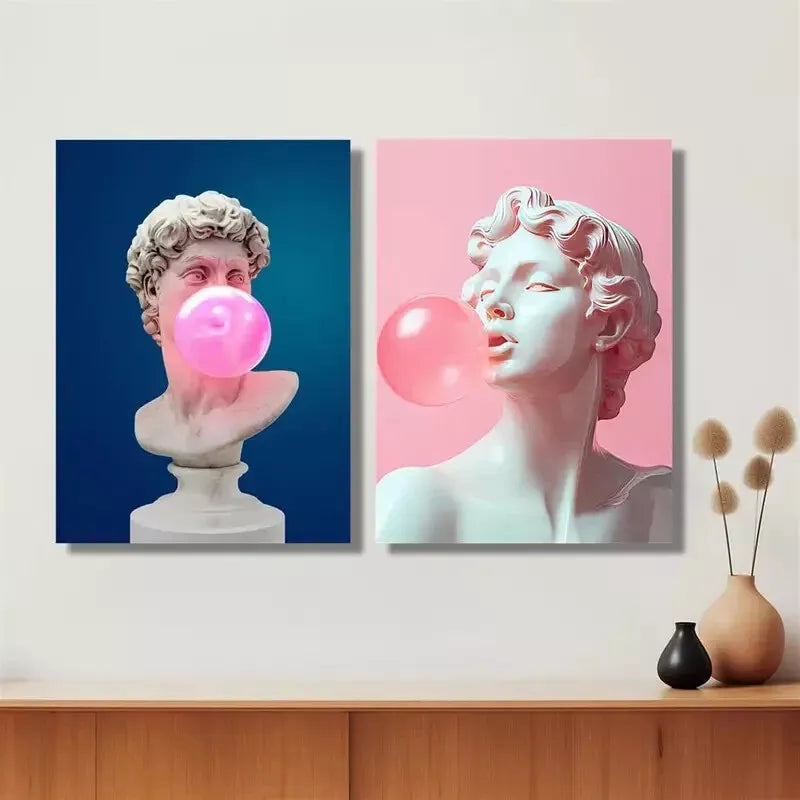 2pcs Whimsical David Bust & Pink Gum Bubbles Design Canvas Wall Art - 50x75cm Framed High Quality Print | 100% Australian Made | Ready to Hang | Perfect for Living Room, Bedroom & Office Decor