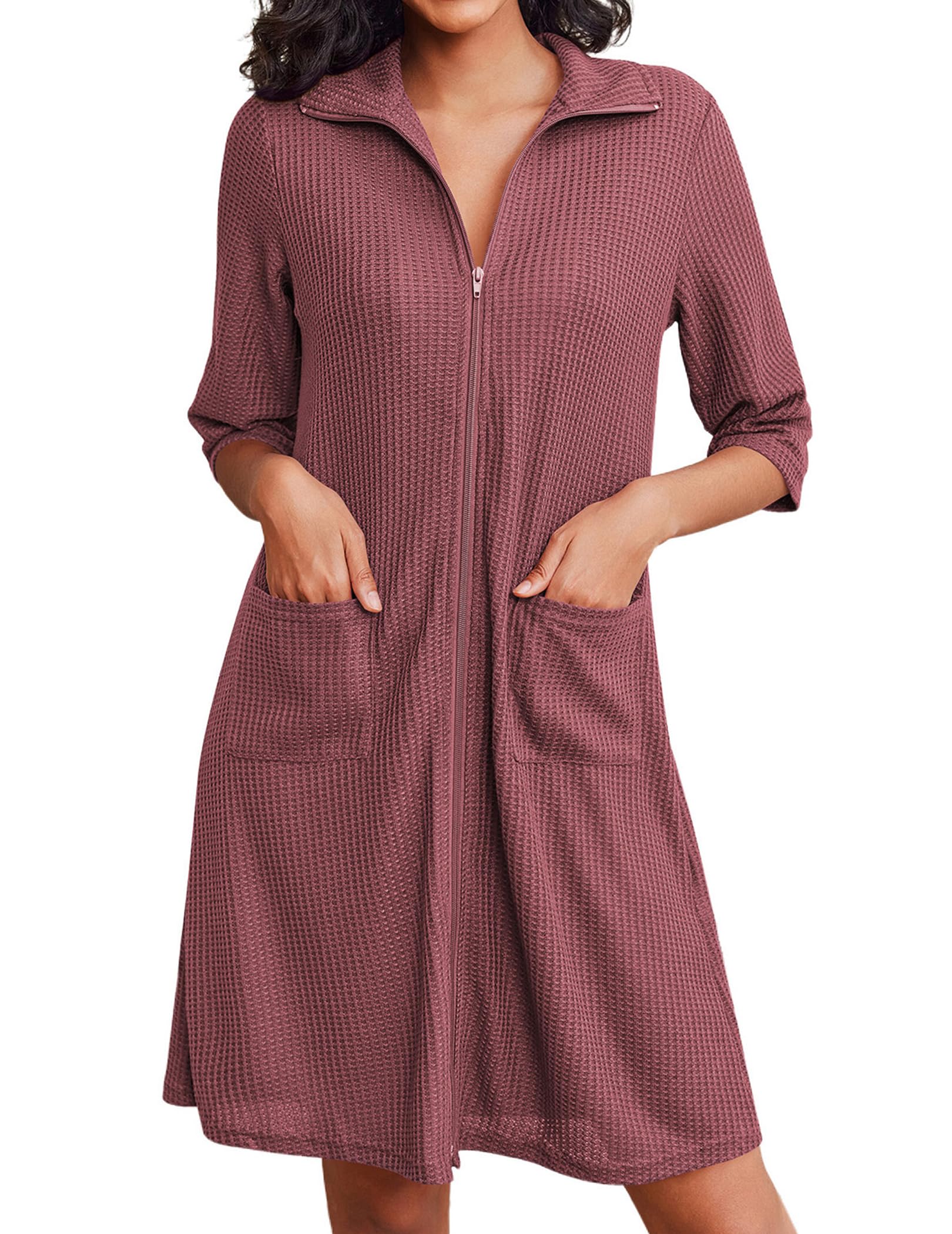 Ekouaer Women's Lightweight Waffle Knit Zipper Robe - Knee Length Short Bathrobe with Pockets for Spa, Lounge & Home Wear (Sizes S-XXL) | Perfect for Relaxation, Post-Shower & Morning Coffee