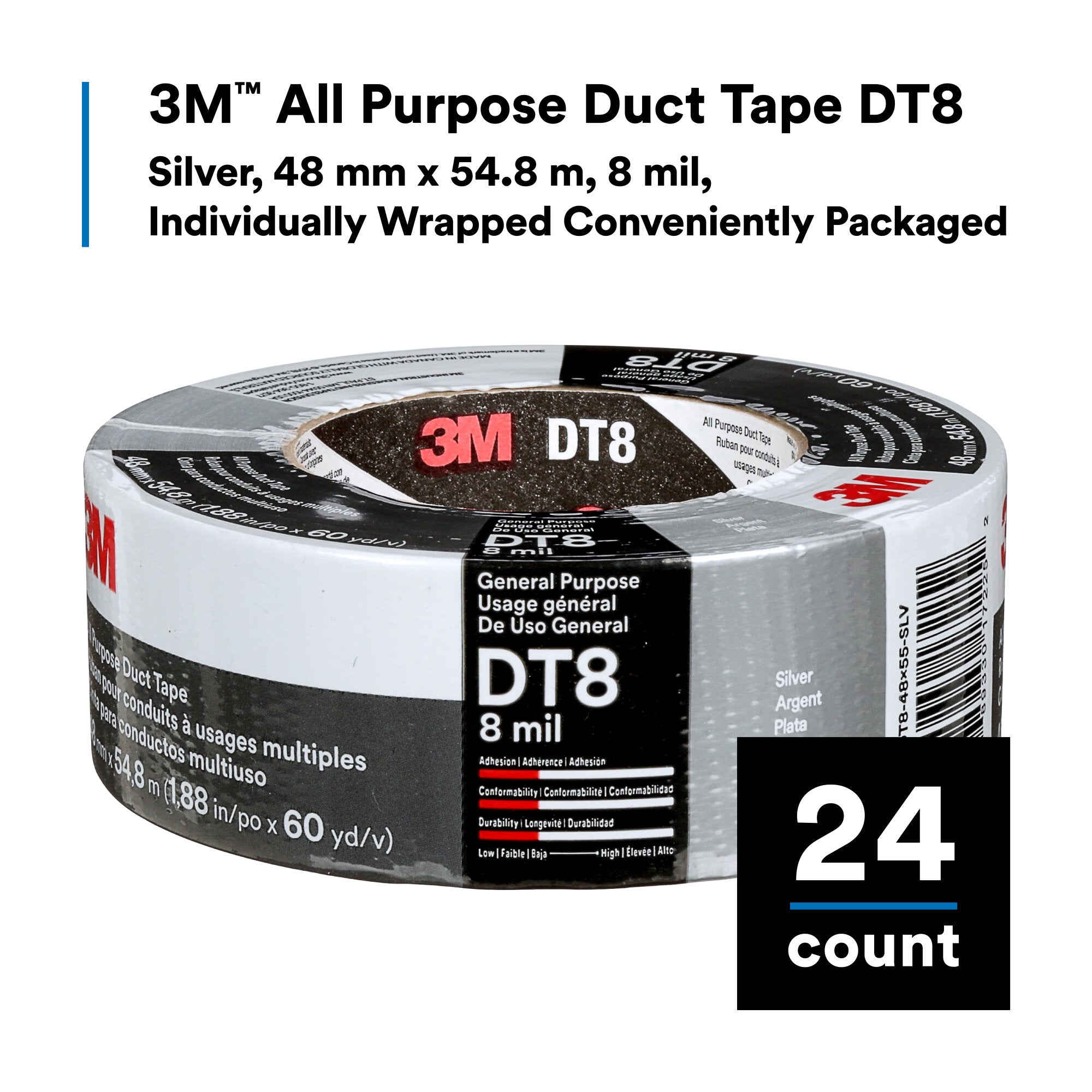 3M All Purpose Duct Tape DT8 - Heavy Duty Silver Duct Tape, 48mm x 54.8m (1.89