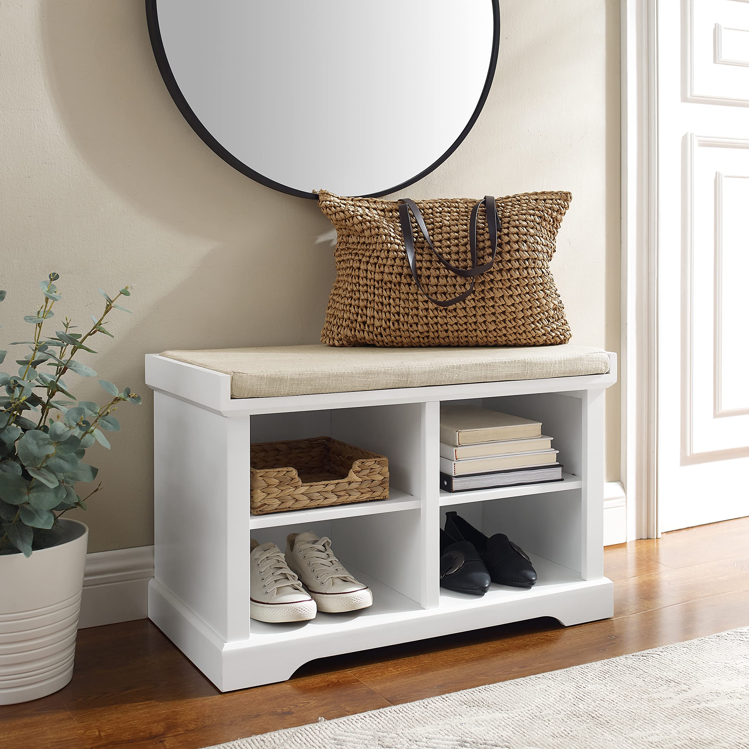 Crosley Anderson White Entryway Storage Bench with Shoe Rack & Organizer Shelves - Perfect for Small Spaces, Hallway Organization & Shoe Storage
