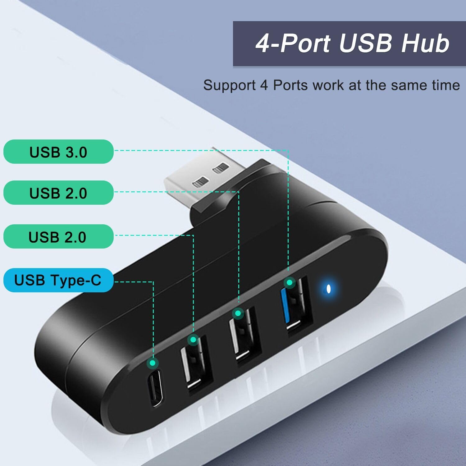 VIENON 4-Port USB 3.0 Hub with 90°/180° Rotation - 3 USB Ports + 1 USB-C Power/Data Port - High Speed USB Splitter for Laptop, Desktop, MacBook, iMac, PC - Perfect for Office, Home & Car Use