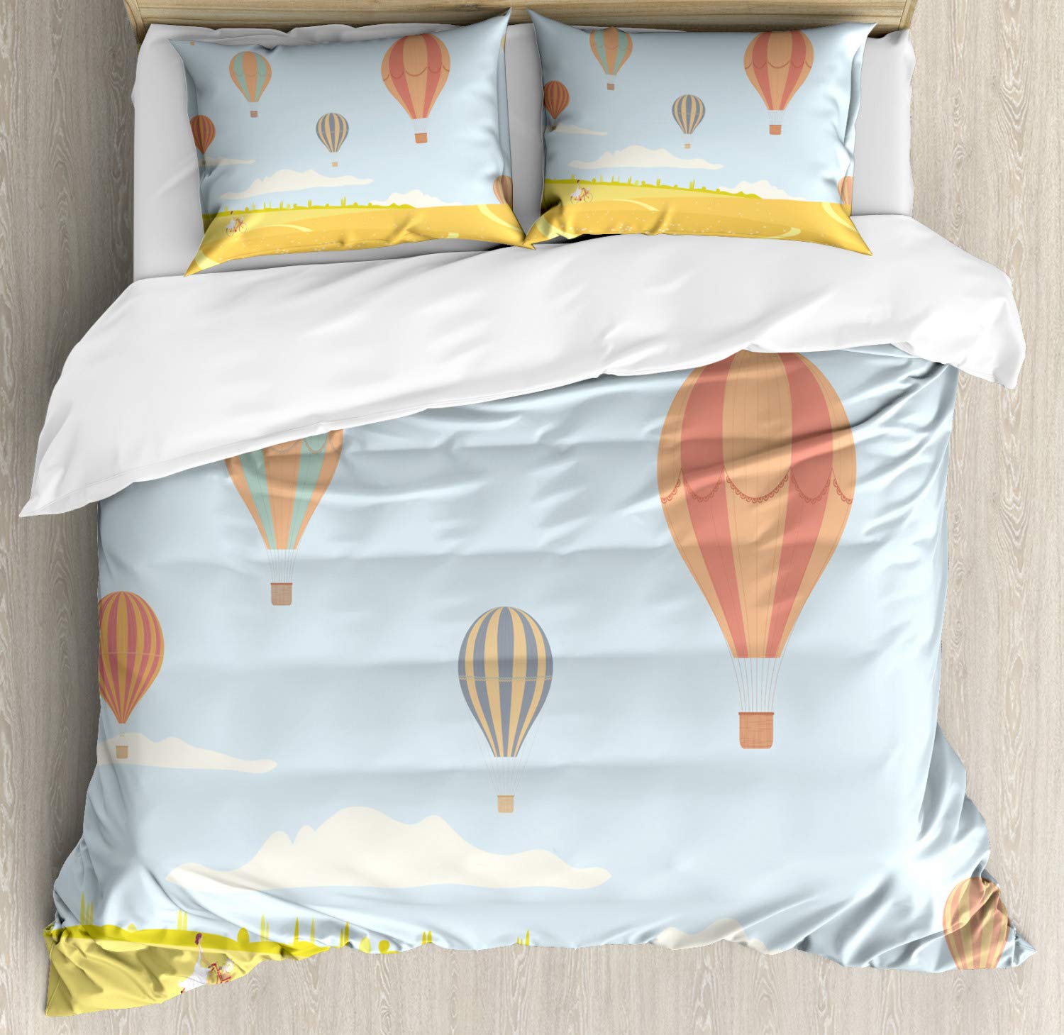 Hot Air Balloons Over Fields Duvet Cover Set - Twin Size 2-Pack with 2 Pillowcases, Cartoon Summer Landscape Design for Women's Bedroom Decor | Perfect for Guest Rooms, Dorms & Cozy Bedroom Makeovers