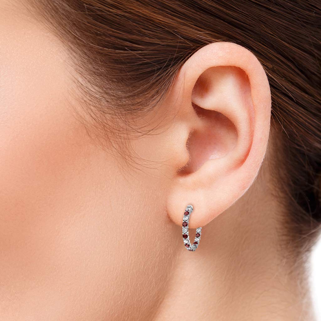 14K White Gold Red Garnet & Natural Diamond Inside-Out Hoop Earrings 0.80 ctw - Perfect for Weddings, Parties & Special Occasions